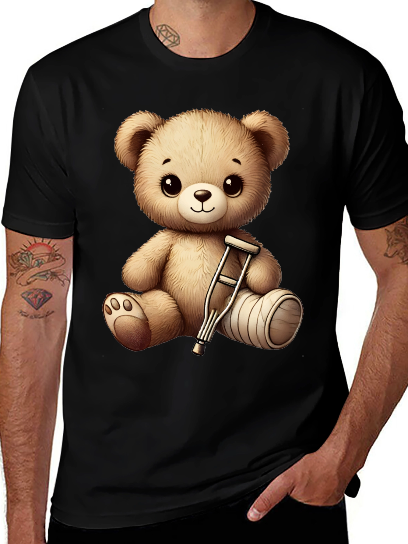 Variant 6 of Cute Teddy Bear with Broken Leg Black T-Shirt