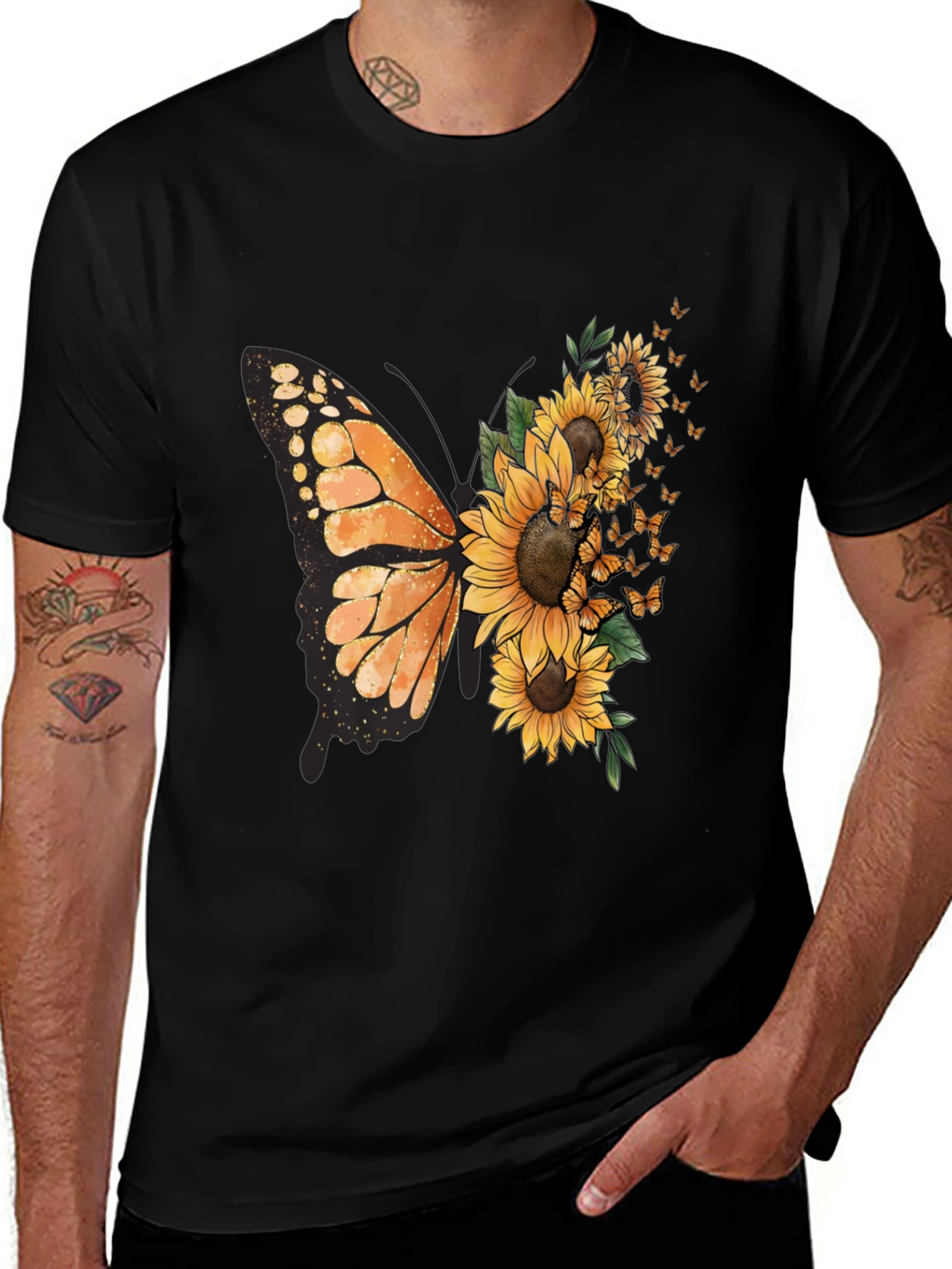 Variant 18 of Butterfly Sunflower Graphic Tee - Men's Black T-Shirt