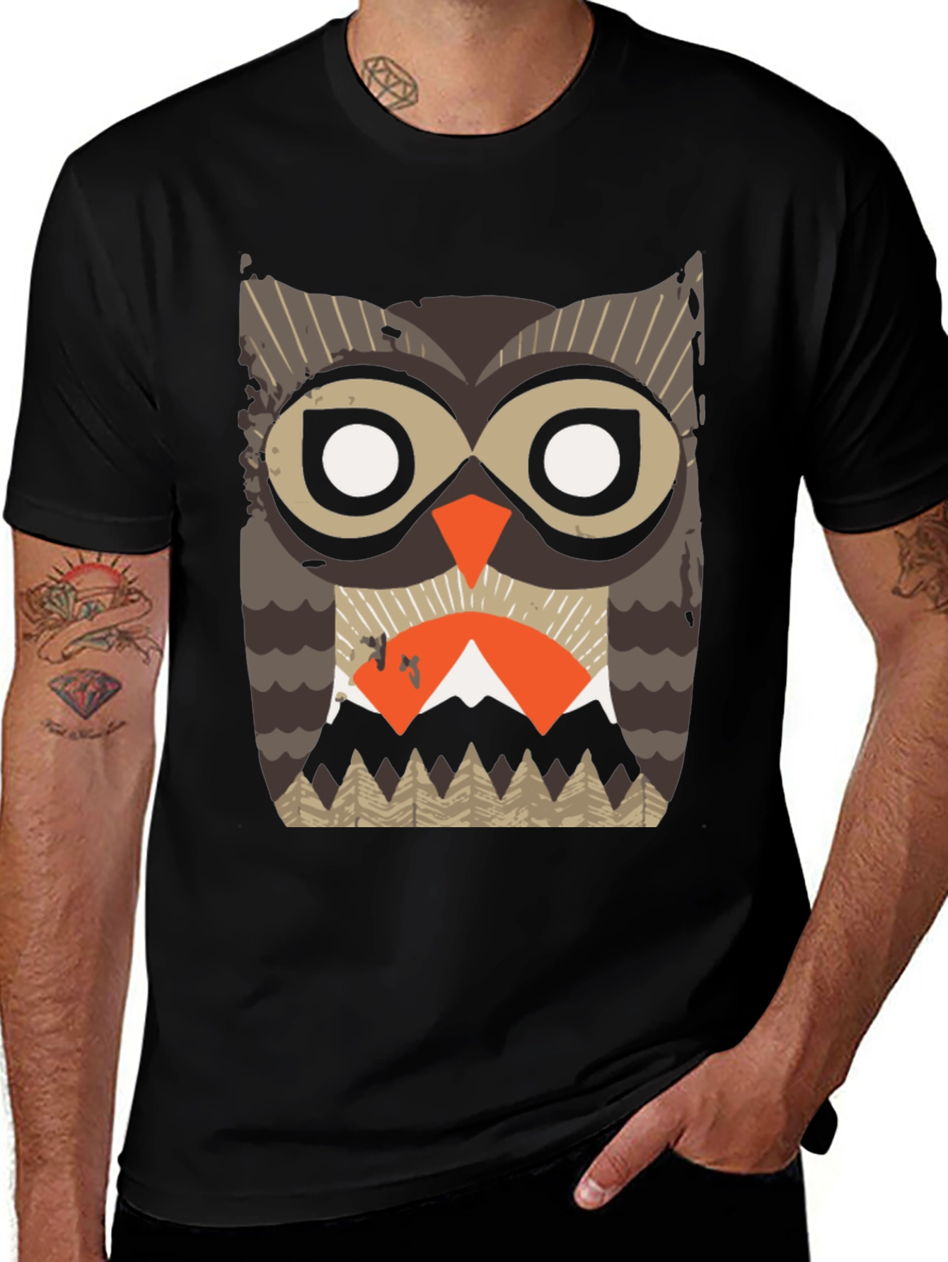 Variant 16 of Abstract Owl Graphic Tee - Black Cotton Blend