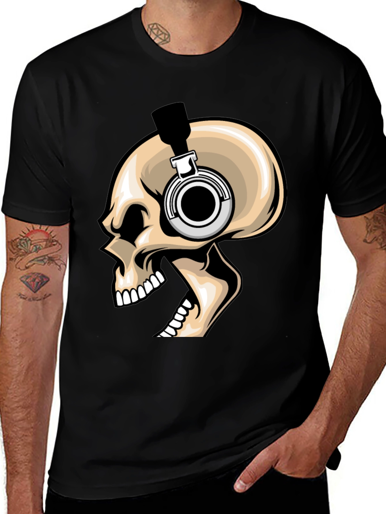 Variant 3 of Skull Headphones Graphic T-Shirt - Bold Black Tee