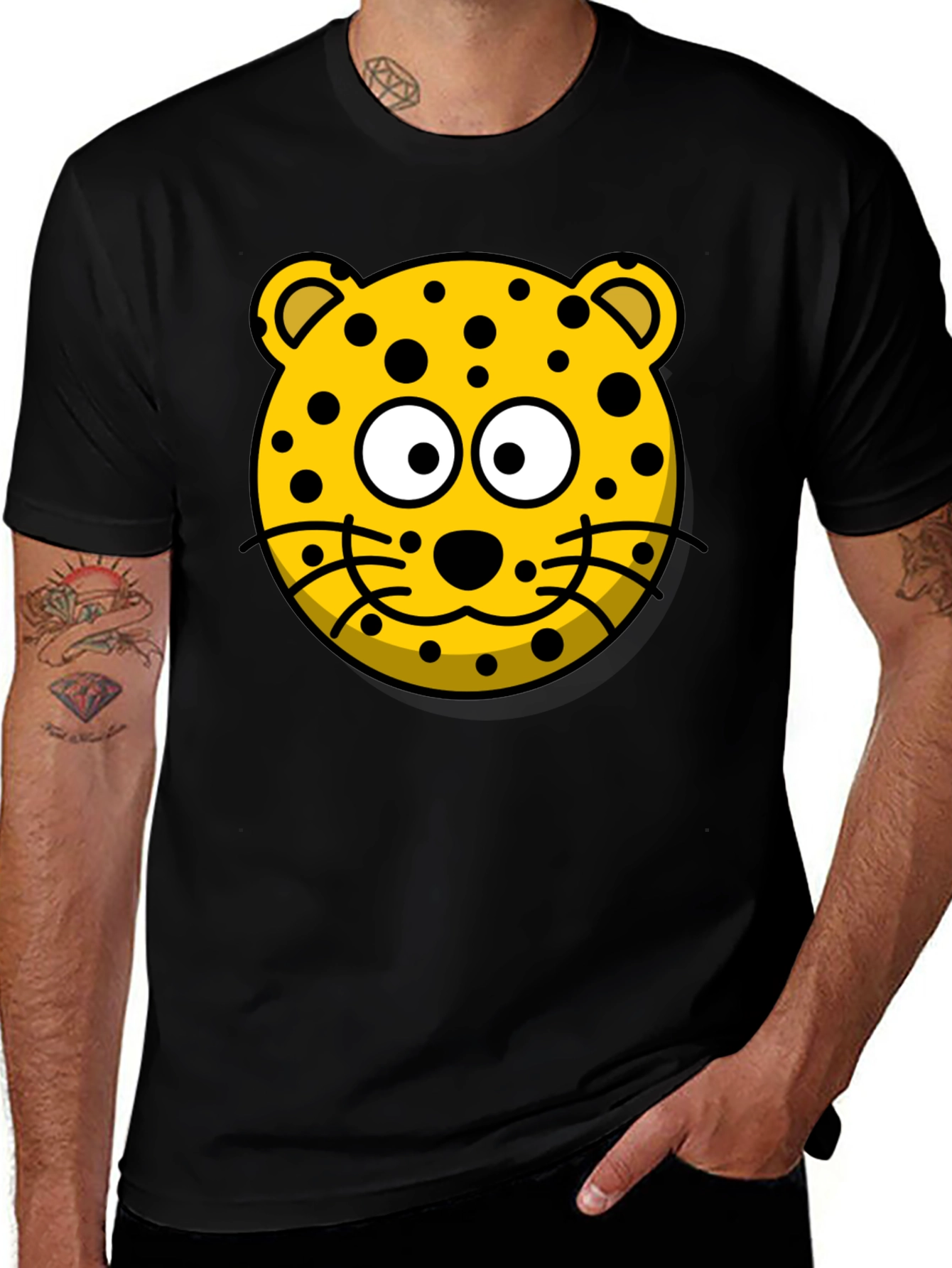 Variant 2 of Cartoon Leopard Graphic T-Shirt - Black Cotton Tee