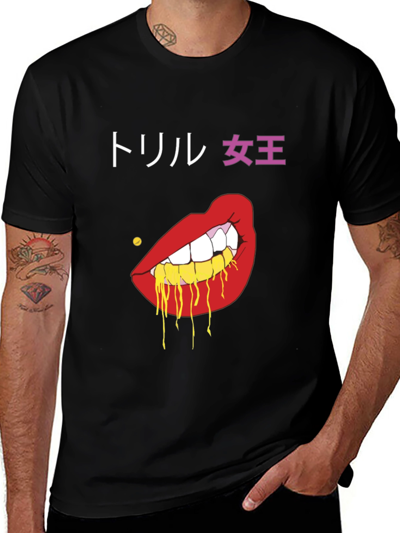 Variant 27 of Edgy Graphic Tee - Lil Queen Japanese Text Red Lips Design