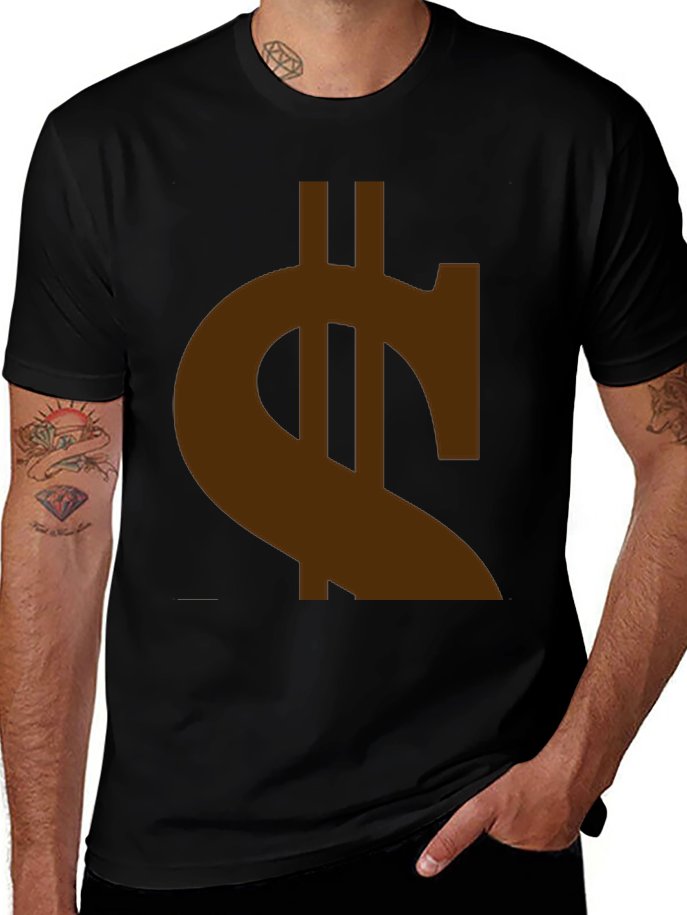 Variant 26 of Men's Black T-Shirt with Brown Currency Symbol Design