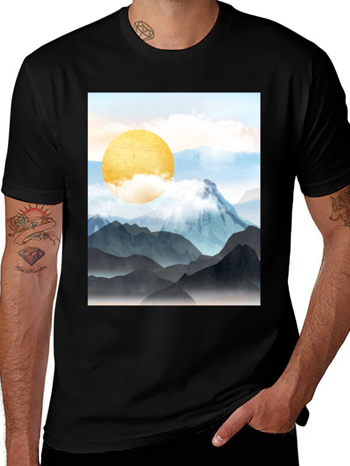 Variant 5 of Mountain Sun Graphic Tee - Stylish Black T-Shirt