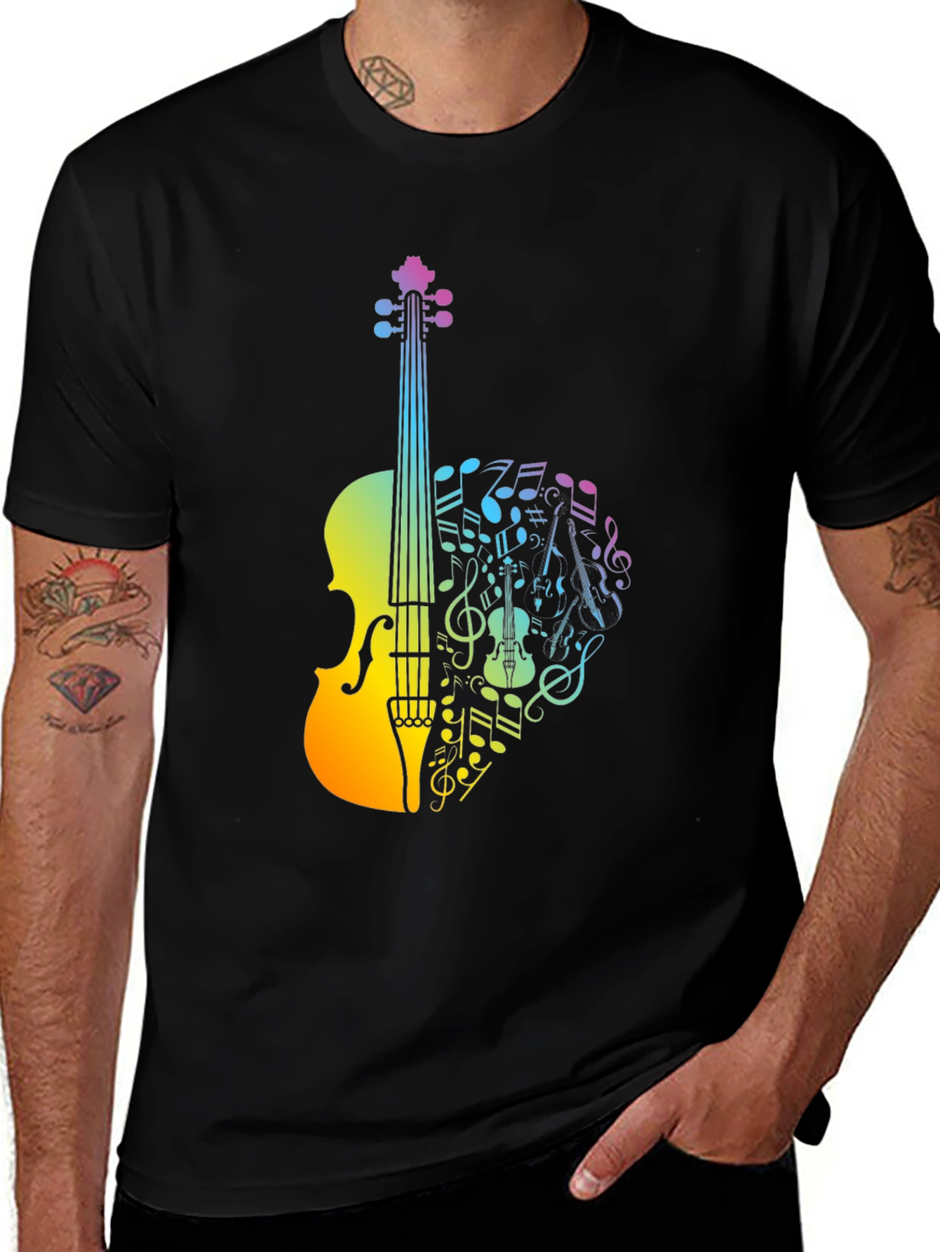 Variant 9 of Musical Violin T-Shirt - Rainbow Notes Design
