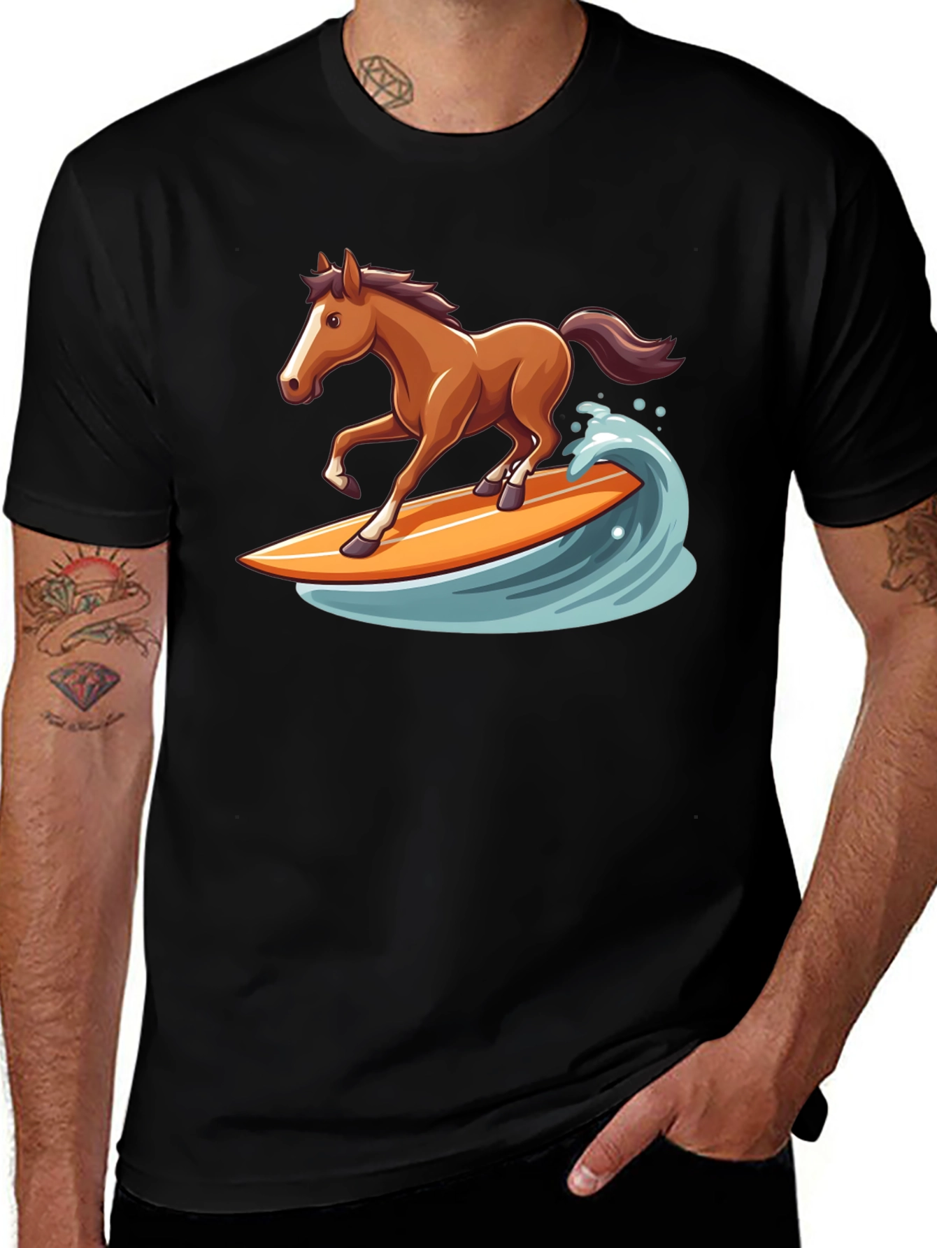 Variant 3 of Surfing Horse Graphic Tee - Black Cotton T-Shirt
