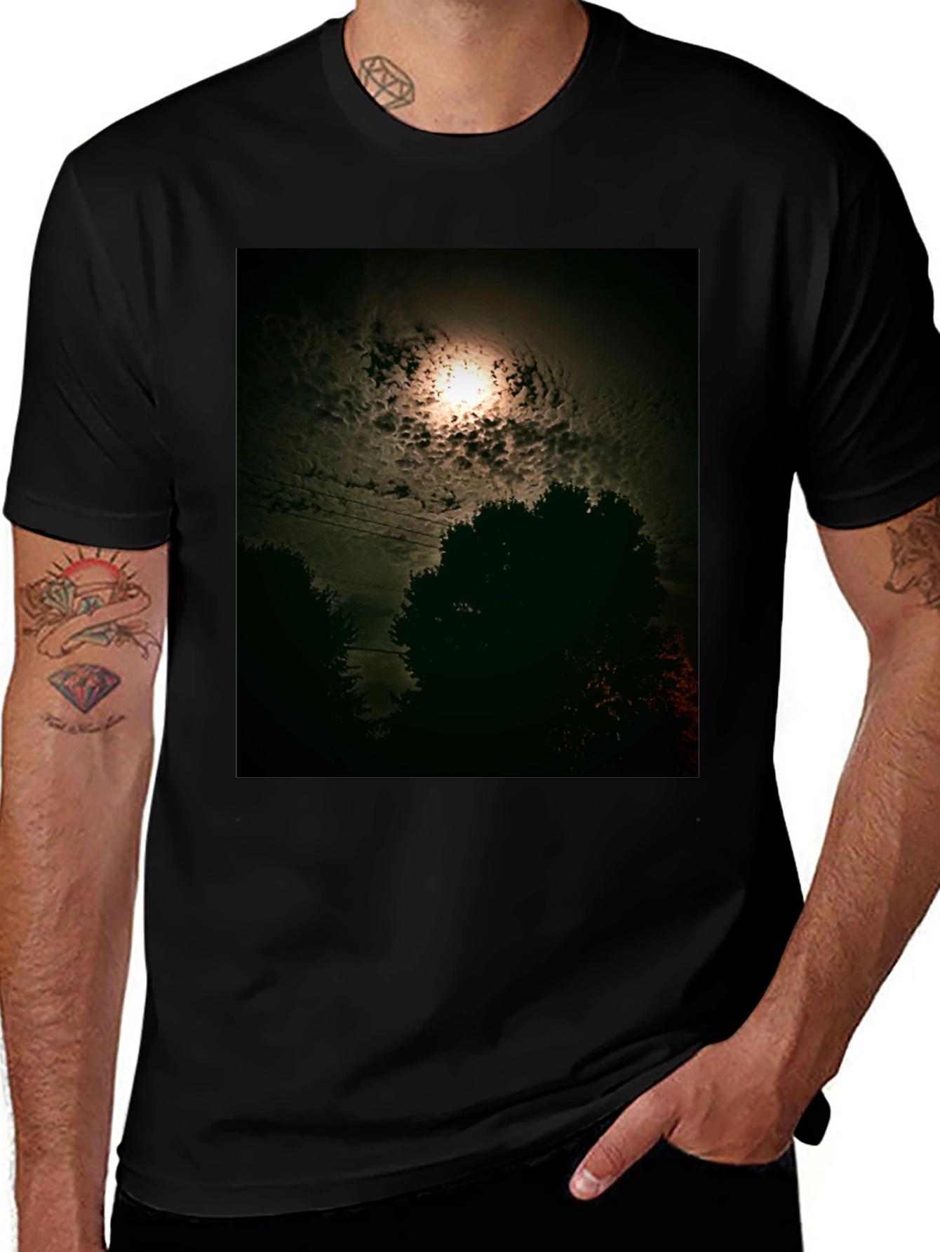 Variant 17 of Men's Black T-Shirt - Moonlit Night Graphic Tee