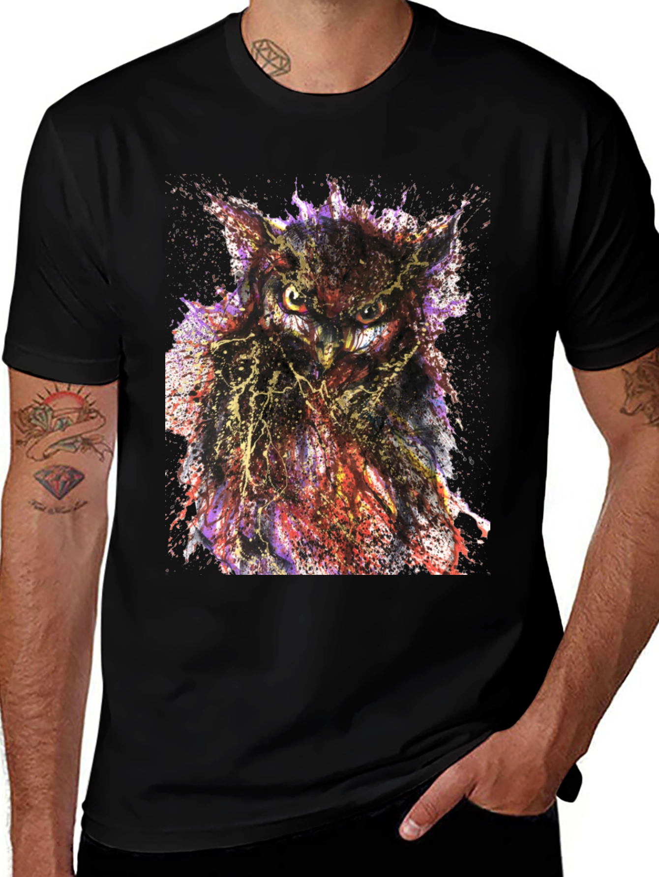 Variant 9 of Abstract Owl Graphic Print Black T-Shirt