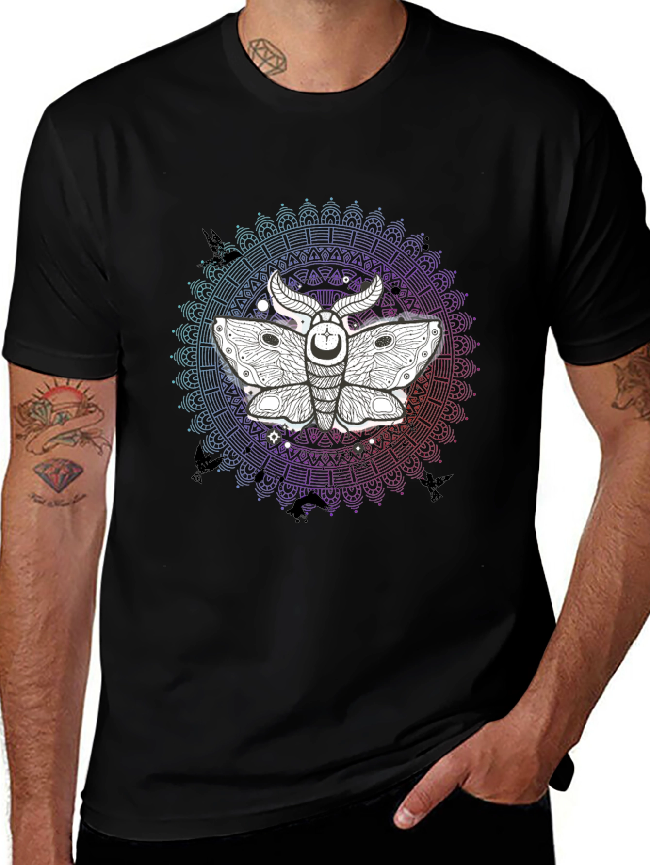 Variant 9 of Moth Mandala Graphic Tee - Black Cotton T-Shirt