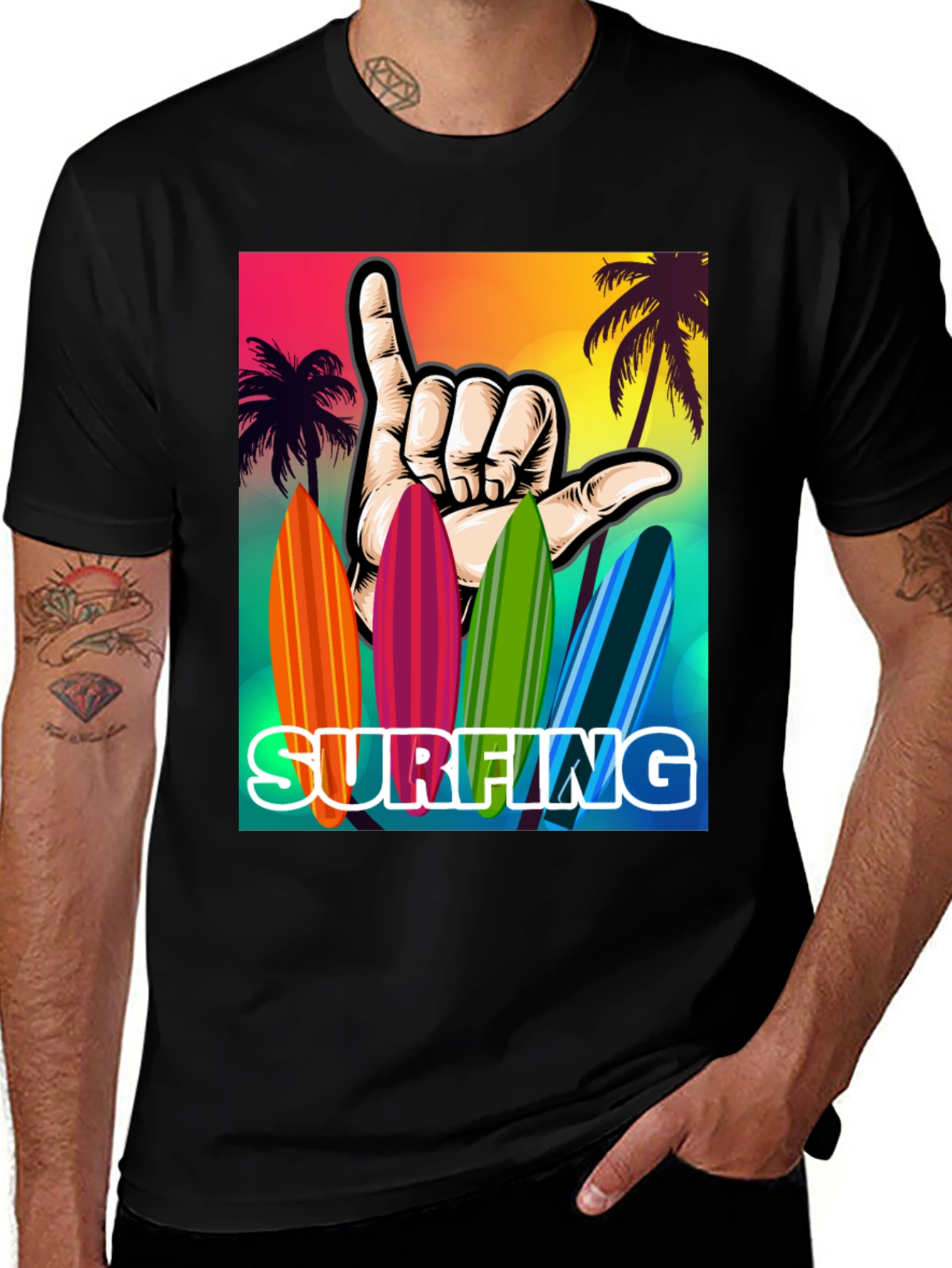 Variant 30 of Surfing Vibes T-Shirt, Beach Palm Tree Design