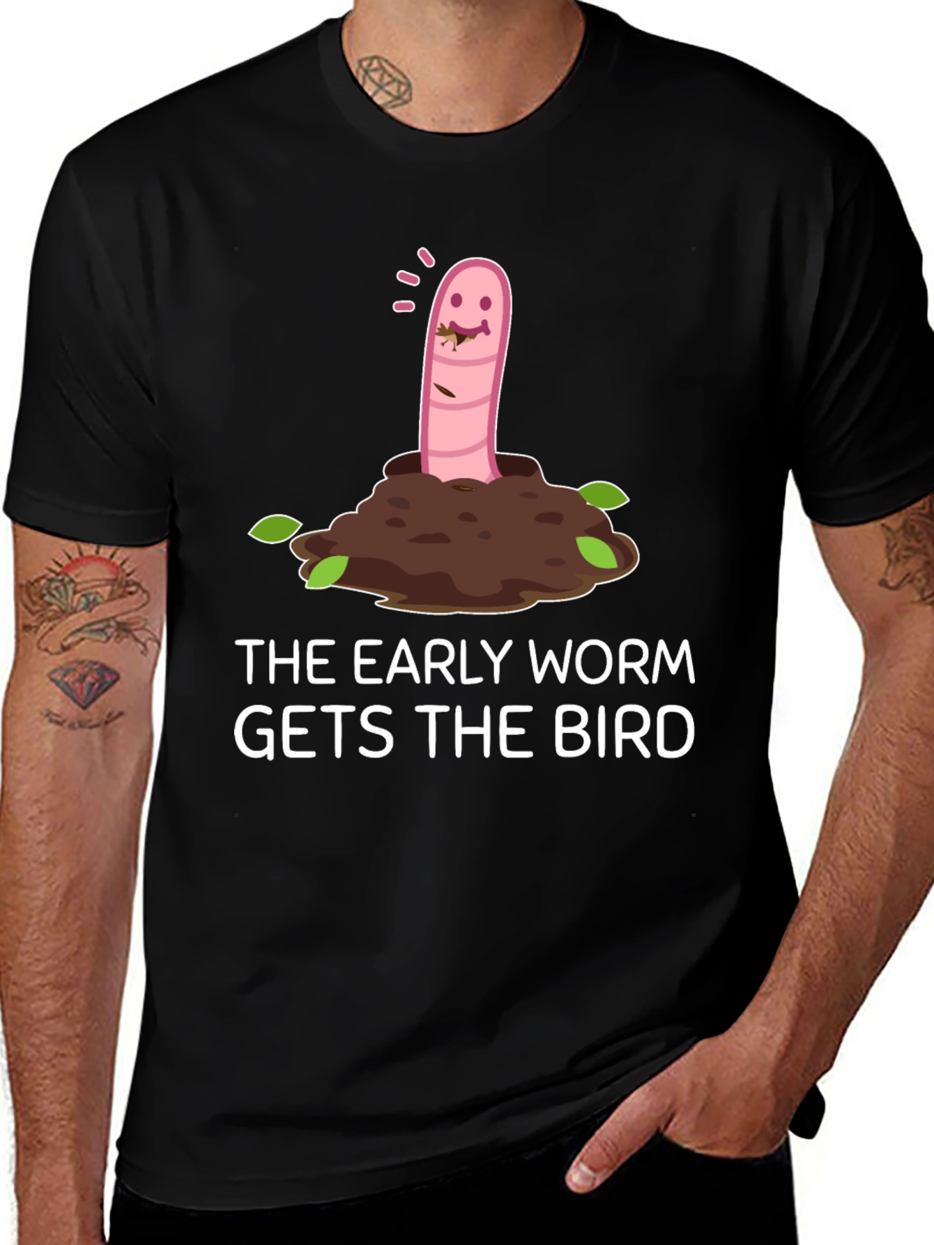 Variant 6 of Early Worm Gets the Bird T-Shirt - Black Cotton Tee