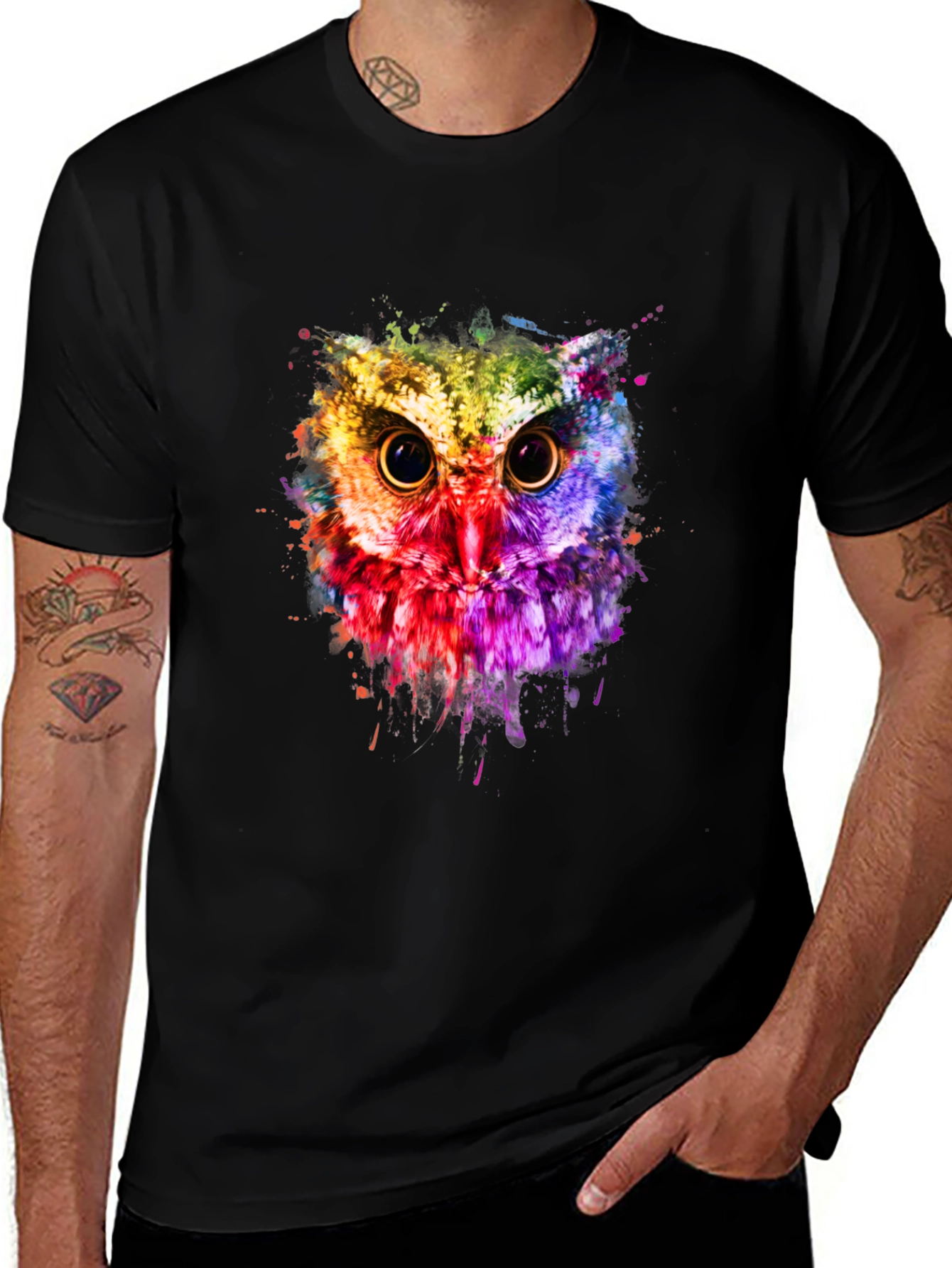 Variant 13 of Rainbow Owl Graphic Tee - Men's Black T-Shirt