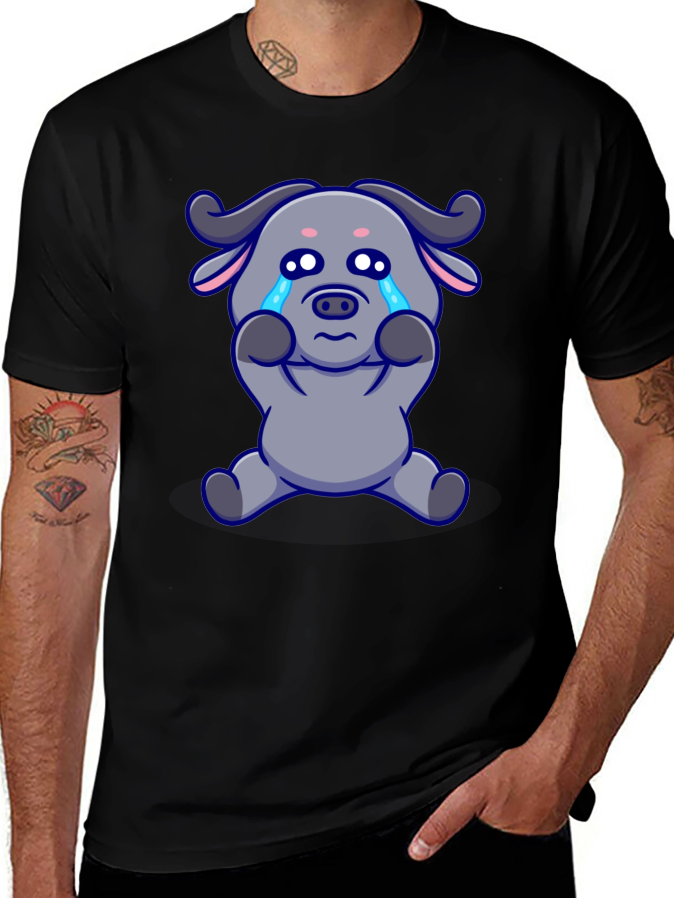 Variant 12 of Crying Cartoon Buffalo Graphic T-Shirt - Black