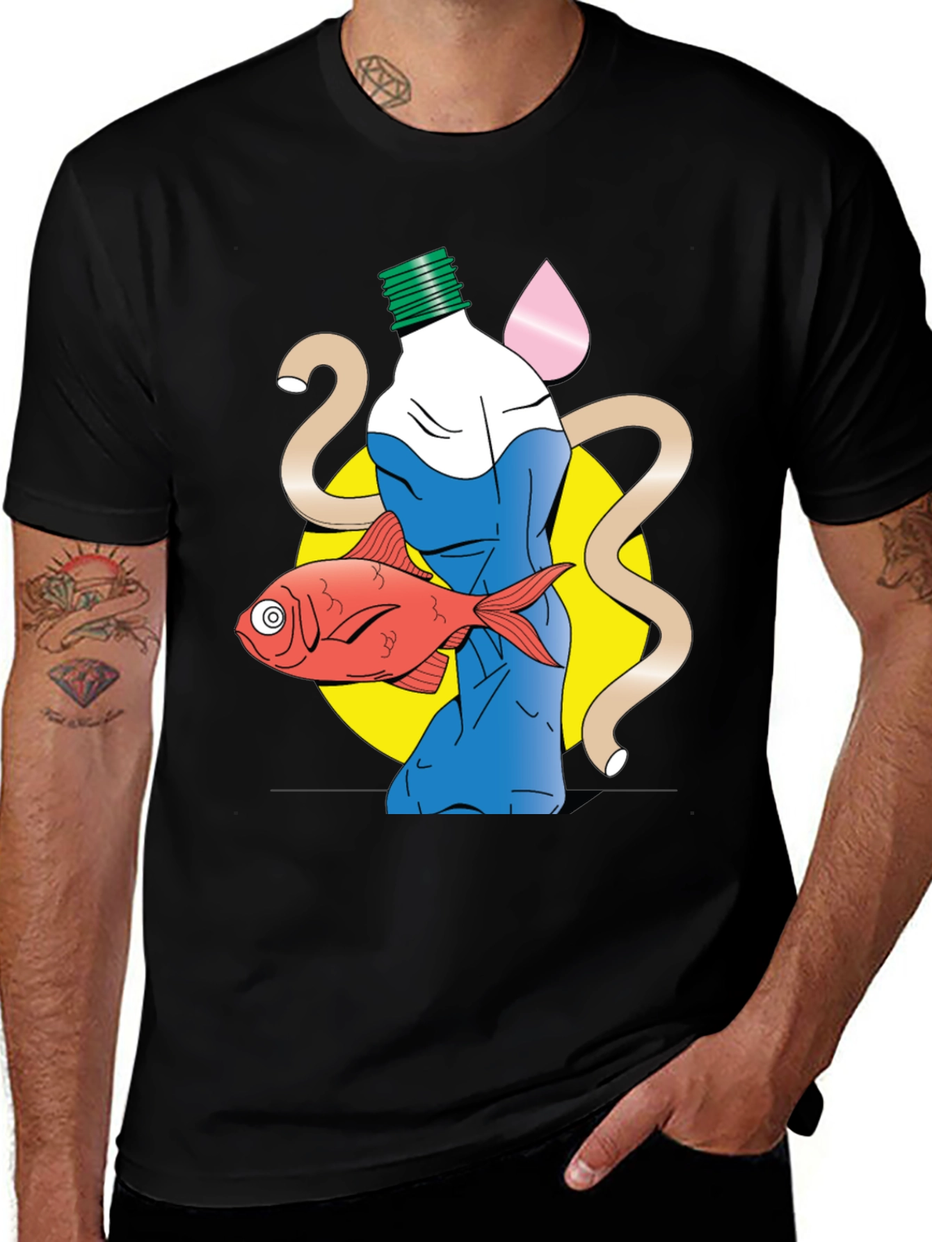 Variant 16 of Unique Graphic T-Shirt - Bottle, Fish, and Abstract Design