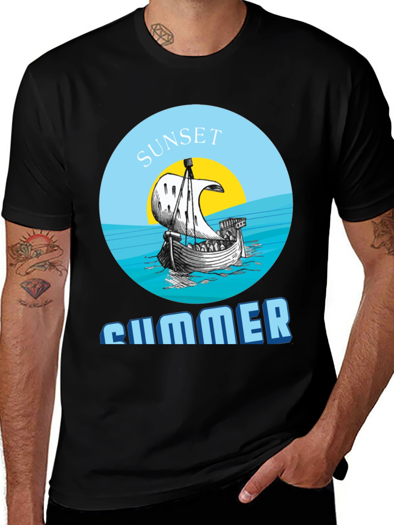 Variant 8 of Sunset Summer Graphic Tee - Stylish Black T-Shirt