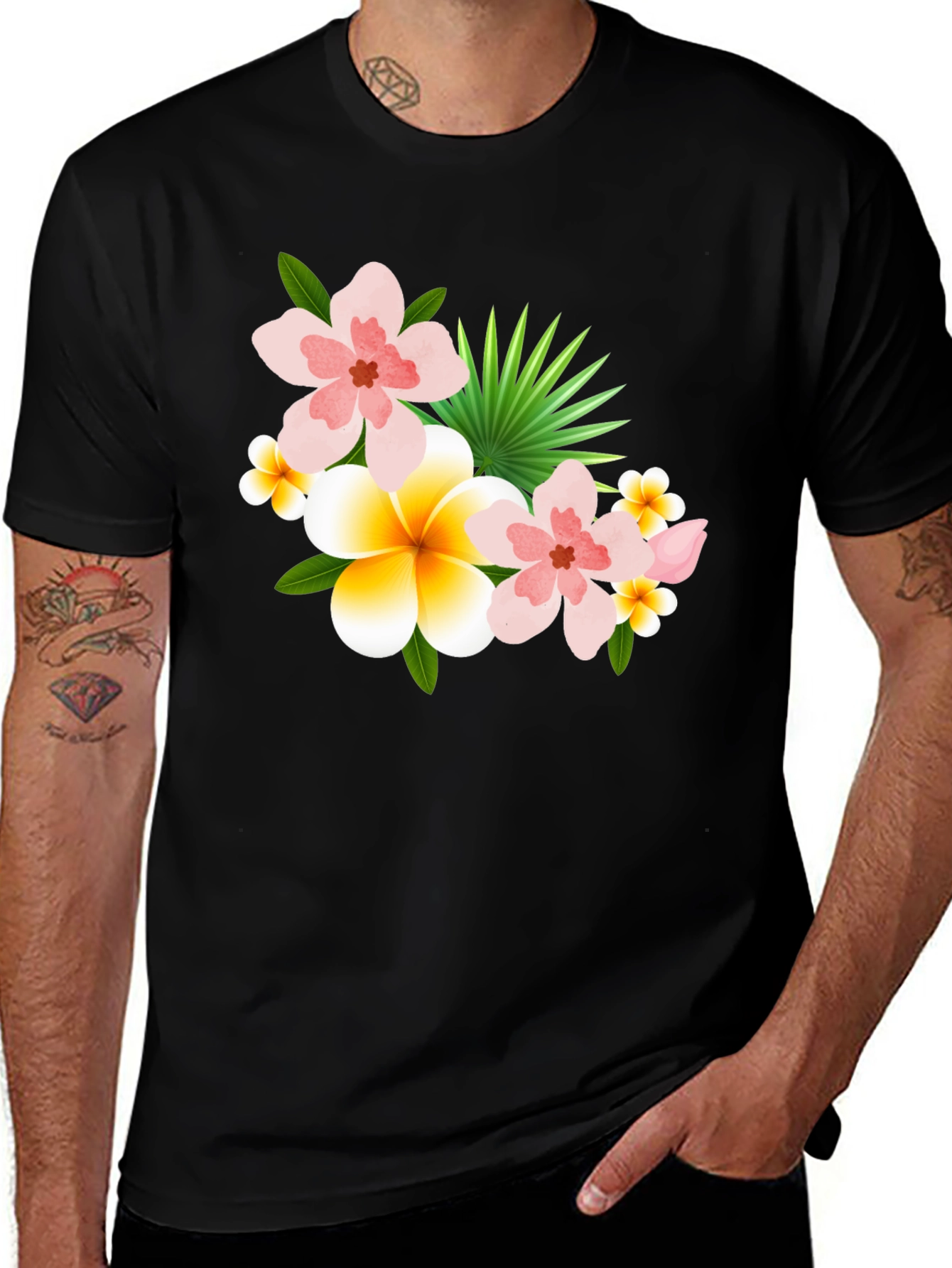 Variant 14 of Tropical Floral Print Black T-Shirt