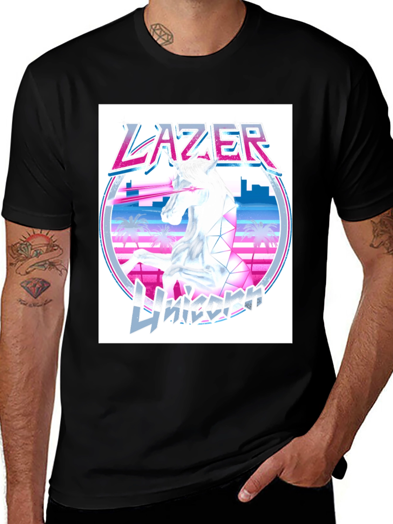 Variant 14 of Lazer Unicorn Graphic Tee - Retro Style Black T-Shirt