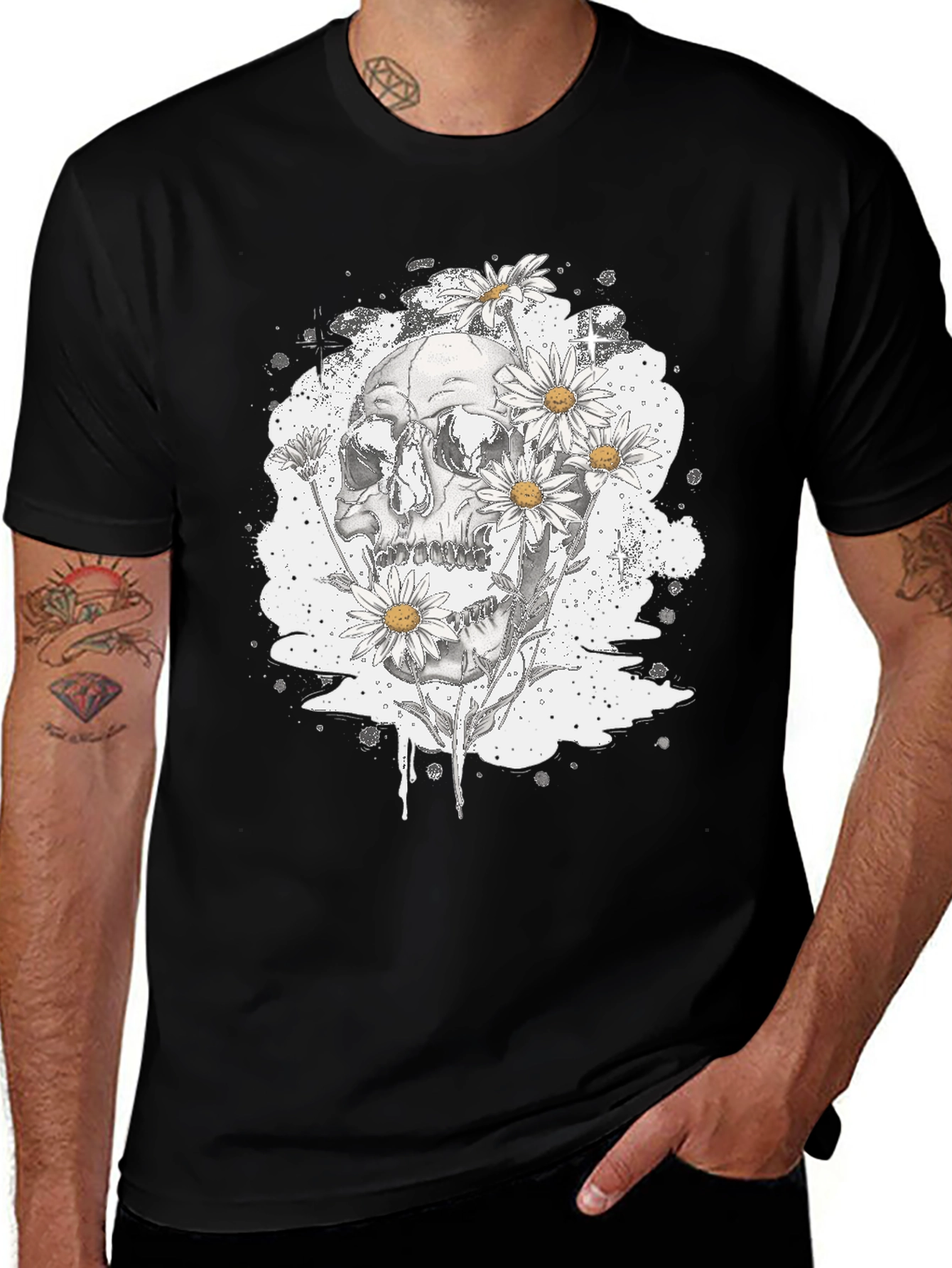 Variant 10 of Skull & Daisy Graphic Tee - Edgy Black T-Shirt