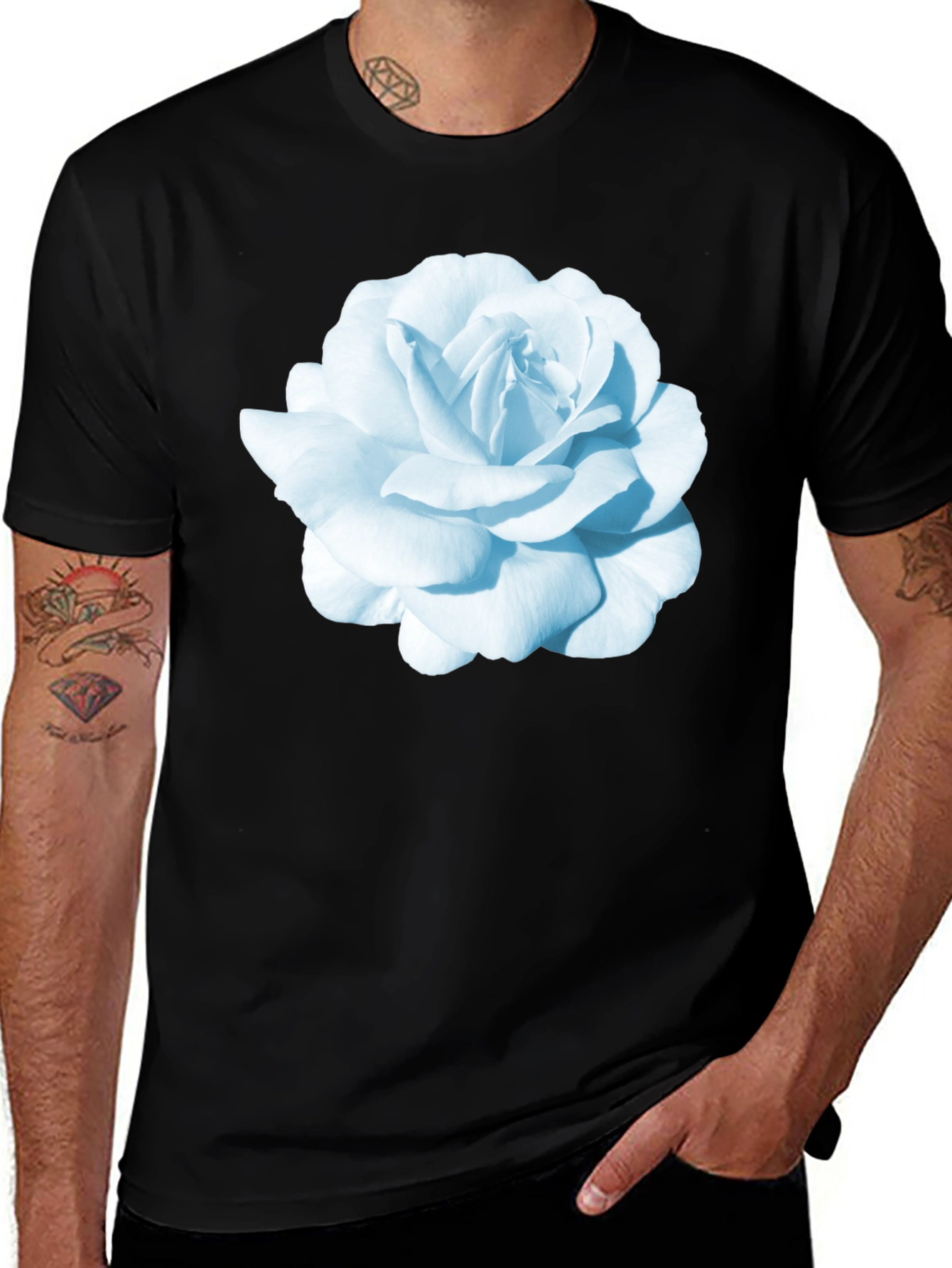 Variant 16 of Black T-Shirt with Blue Rose Graphic Print