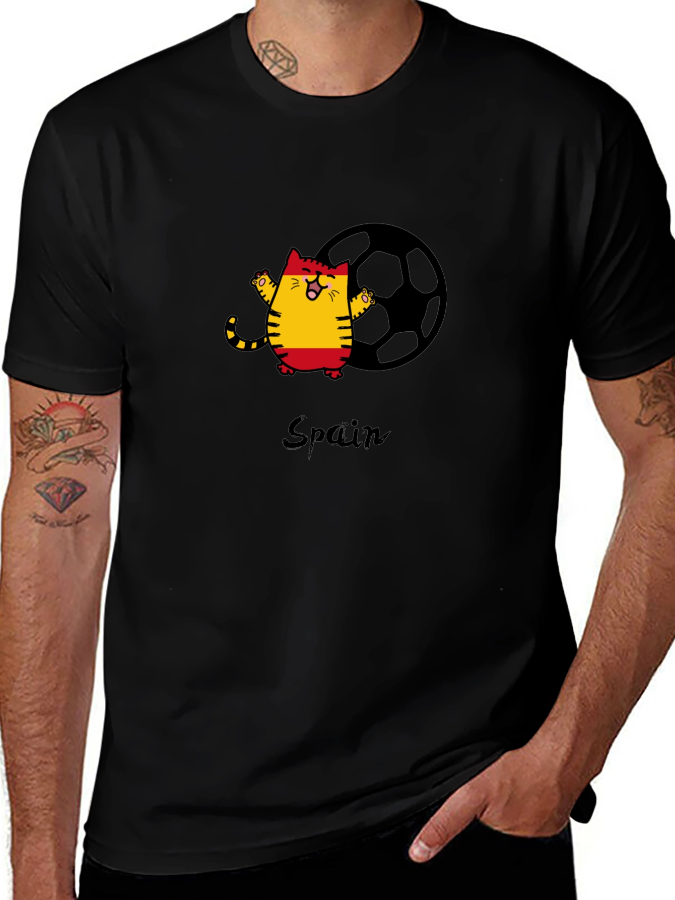Spain Soccer Cat Black T-Shirt