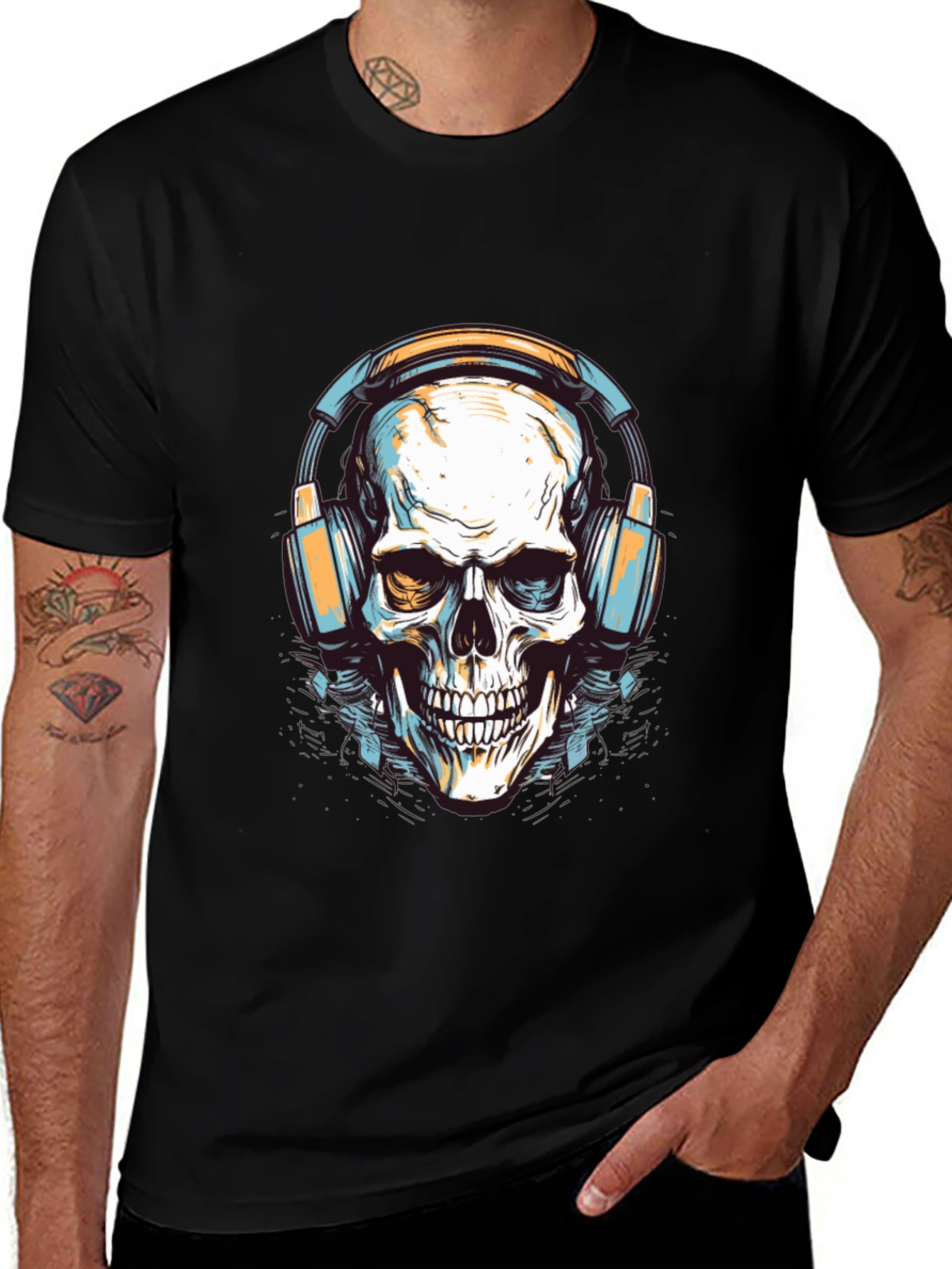 Variant 15 of Skull with Headphones Graphic Tee - Cool Black T-Shirt