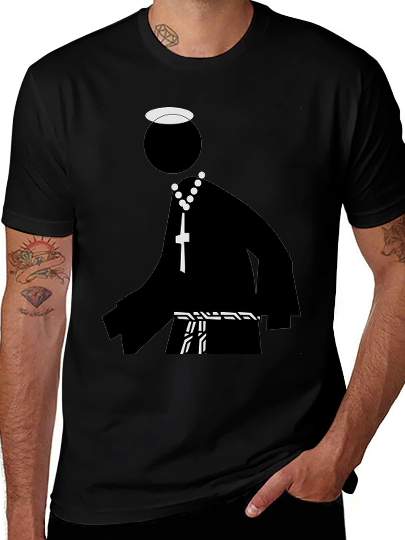 Variant 26 of Trendy Black T-Shirt - Religious Cartoon Design