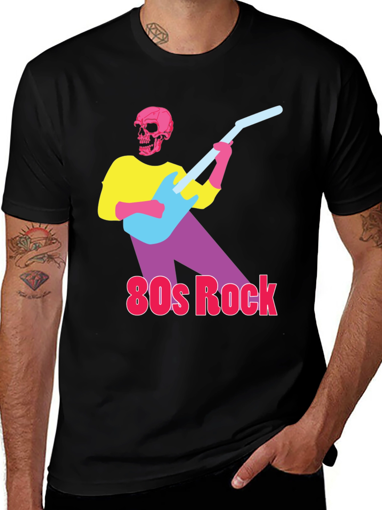 Black 80s Rock Skeleton Guitarist Graphic Tee main image