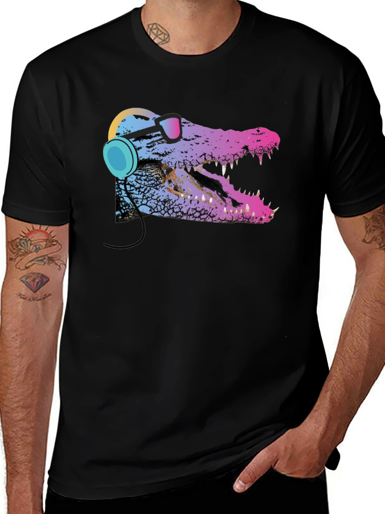 Retro Gator Graphic Tee - Cool Alligator with Headphones