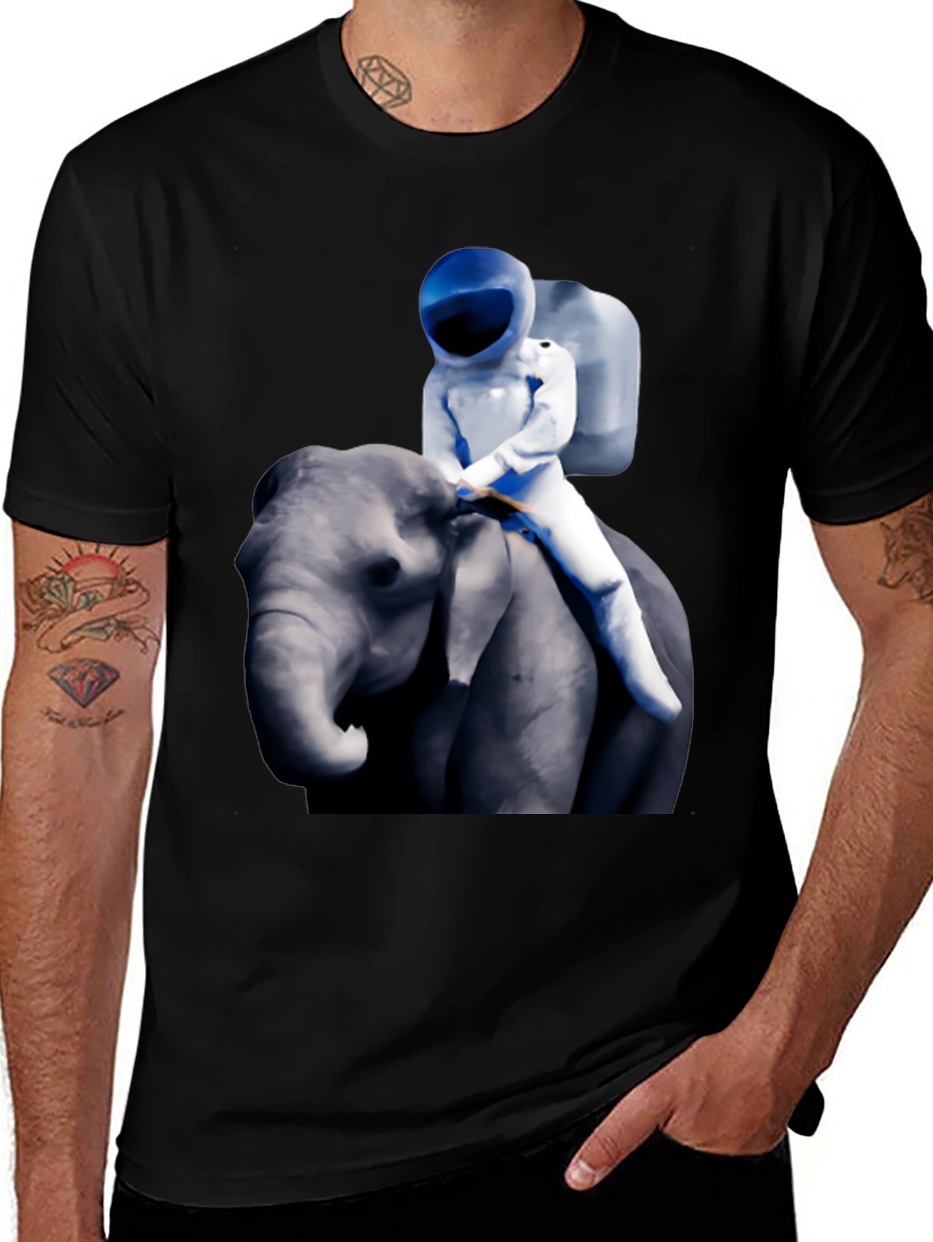 Black Astronaut Riding Elephant Graphic T-Shirt main image