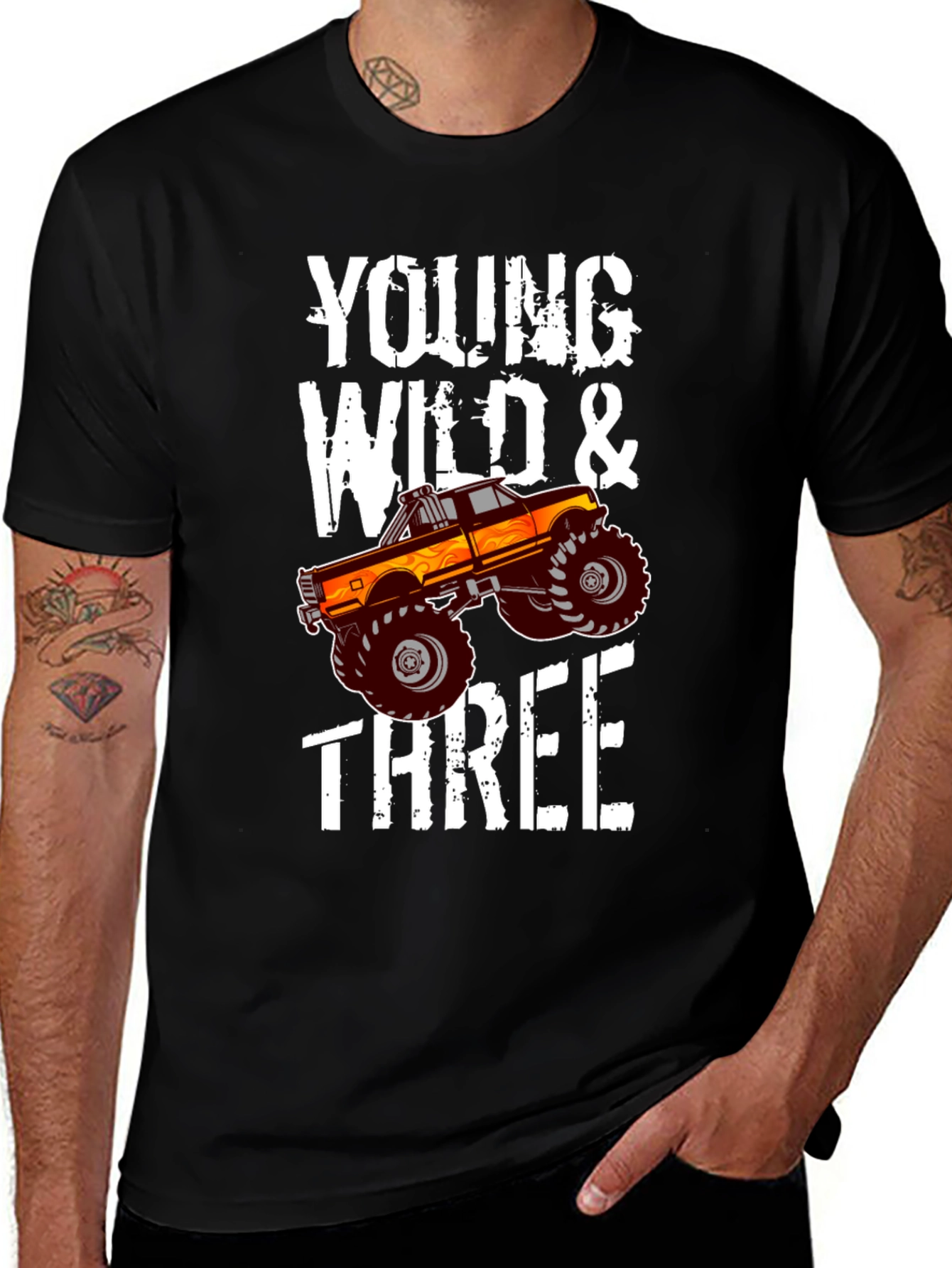 Young Wild & Three Monster Truck Birthday Shirt