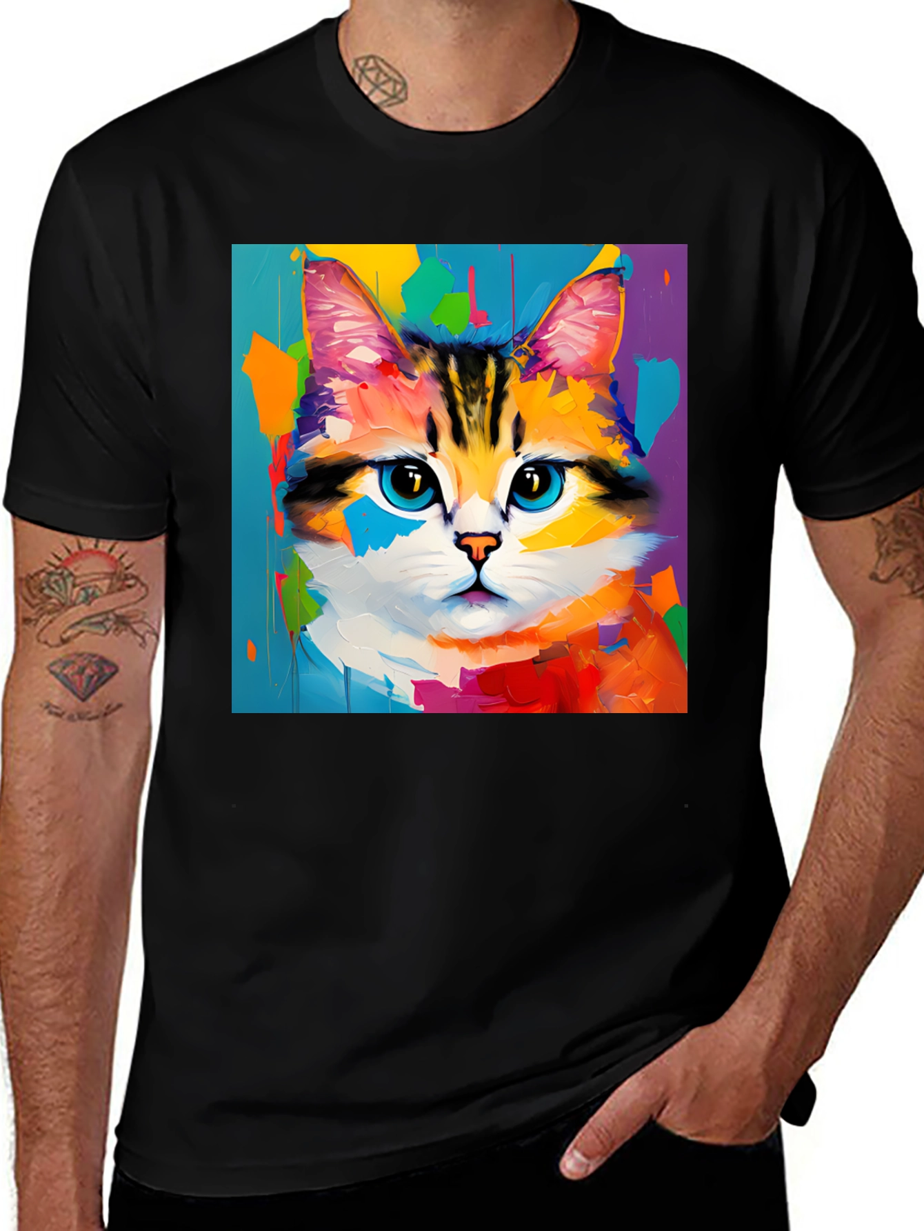 Variant 23 of Colorful Cat Art Graphic Tee - Men's Black T-Shirt