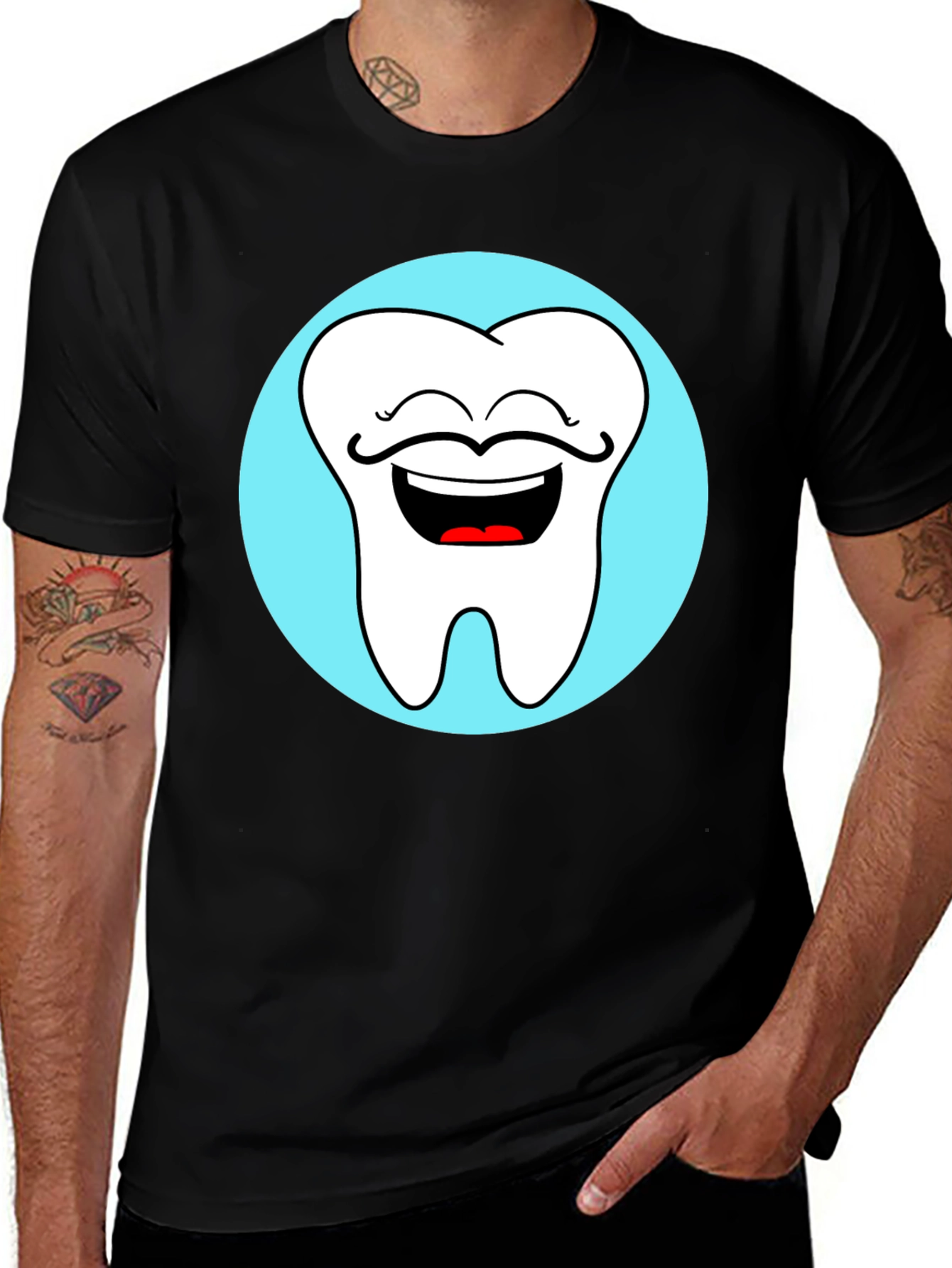 Funny Tooth with Mustache Graphic T-Shirt - Black Cotton Blend