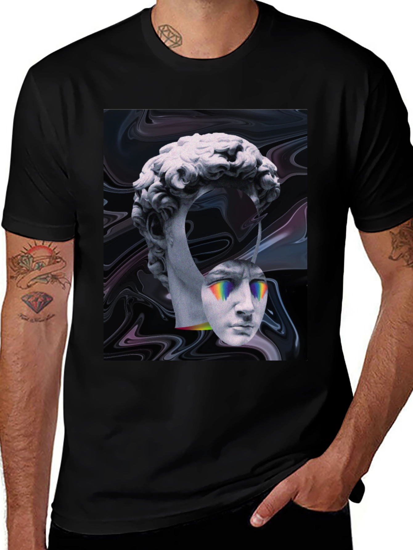 Variant 10 of Surrealist Statue Graphic Tee - Black Cotton T-Shirt