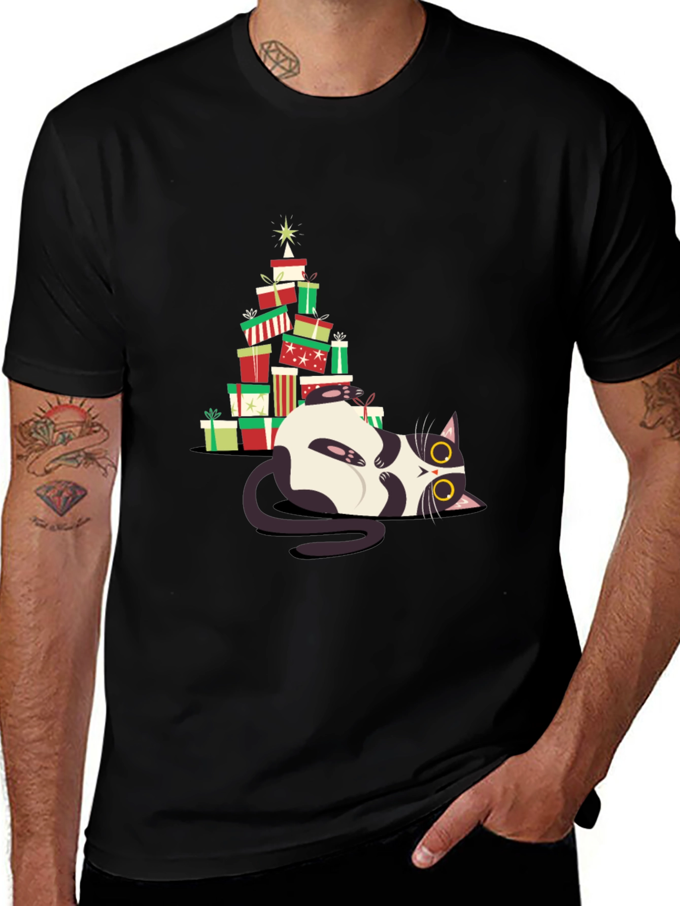 Variant 23 of Christmas Cat Gift Stack T-Shirt - Festive & Fun!