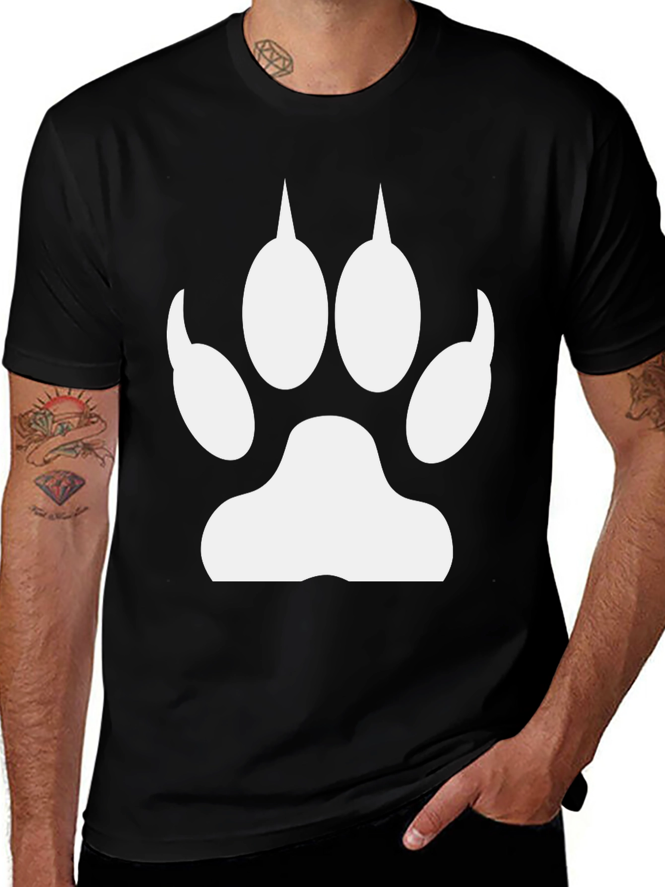Variant 7 of Black Tee with Bold Wolf Paw Print - Casual Style