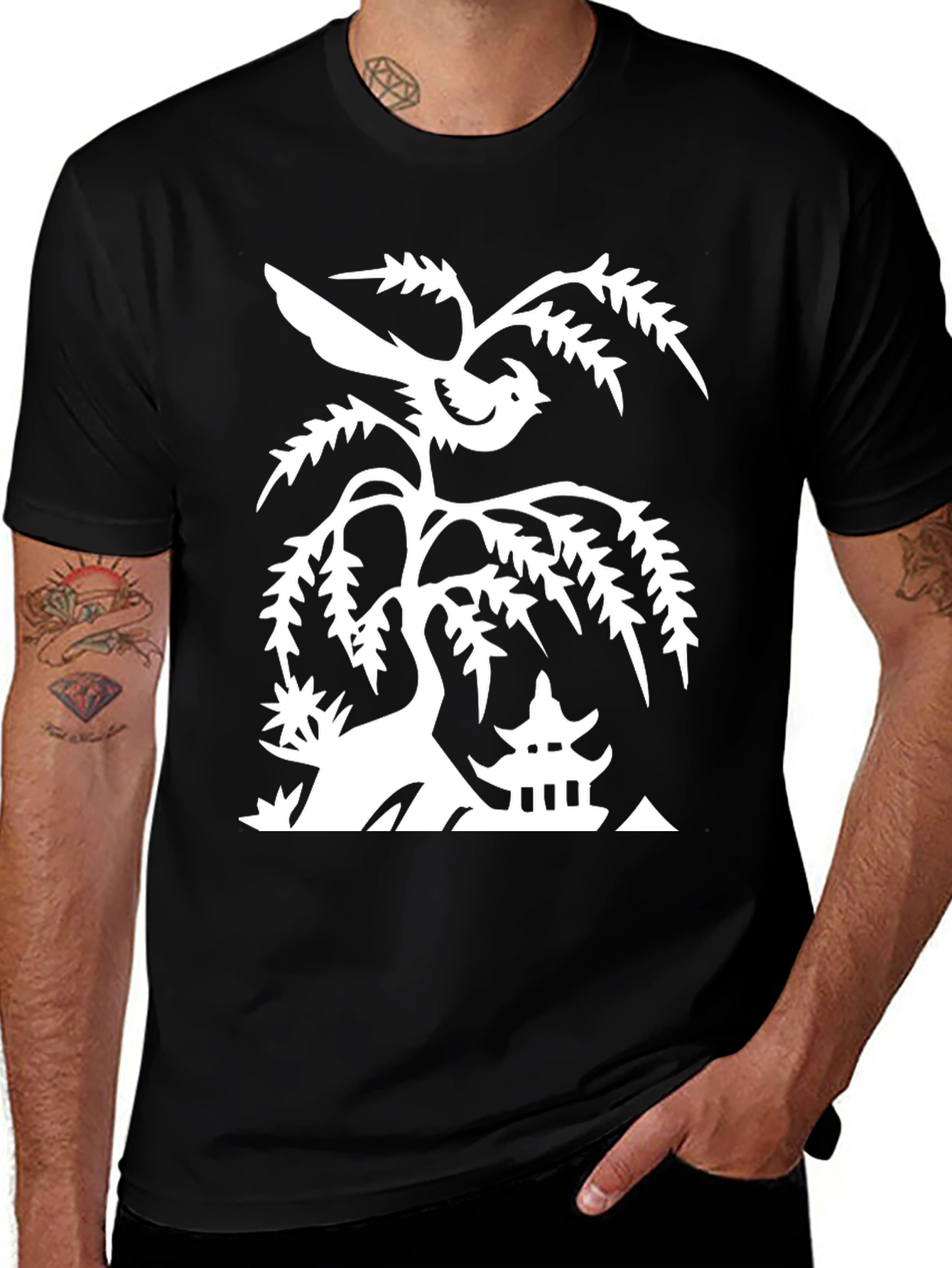Variant 16 of Bird & Pagoda Graphic Tee - Black Cotton Blend Casual T-Shirt
