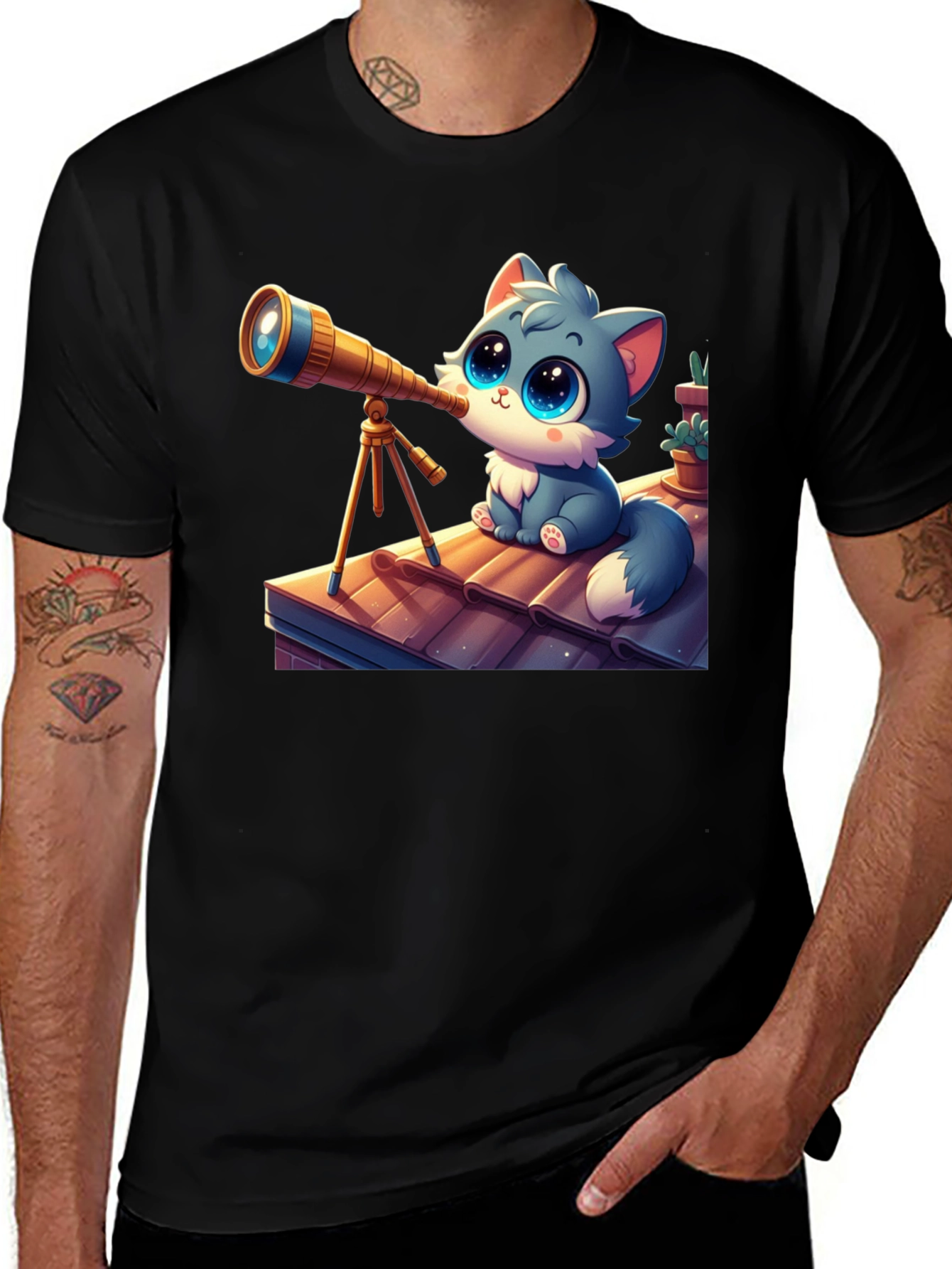Variant 4 of Cute Cat Telescope Graphic Tee - Black