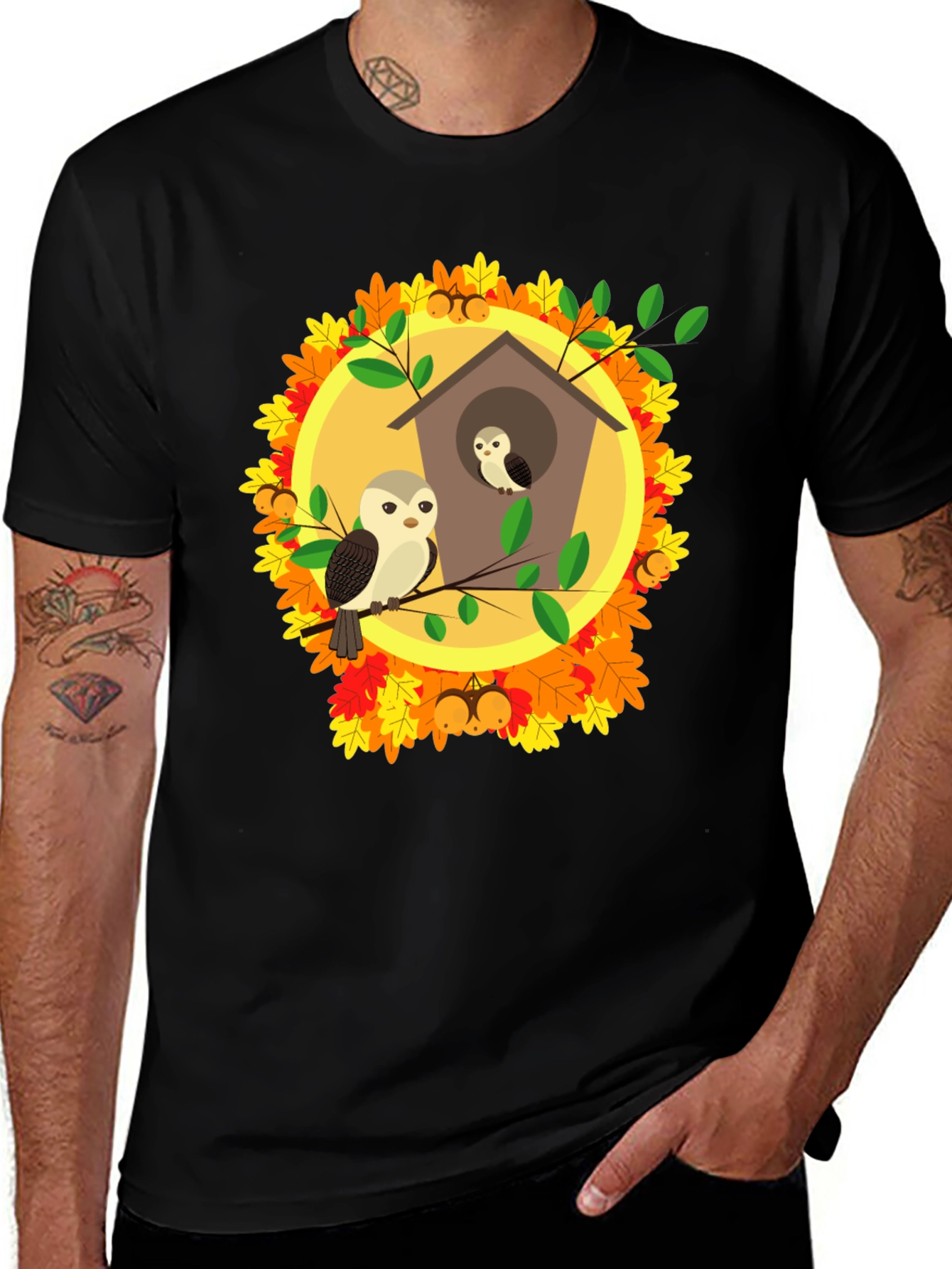 Variant 25 of Owl Family in Birdhouse T-Shirt - Autumn Design