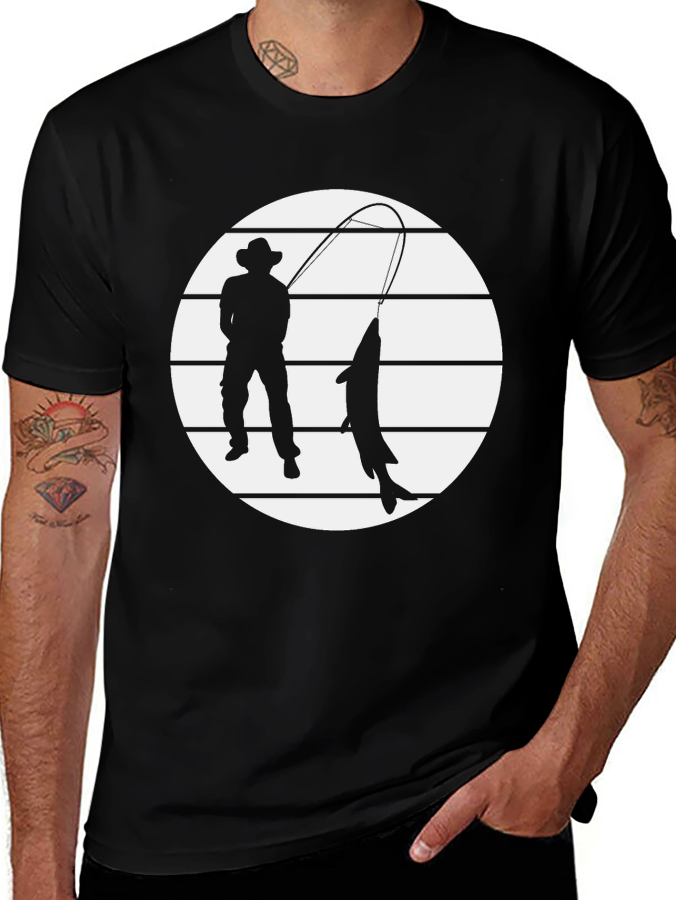 Fisherman Silhouette Graphic Tee - Black Cotton Blend