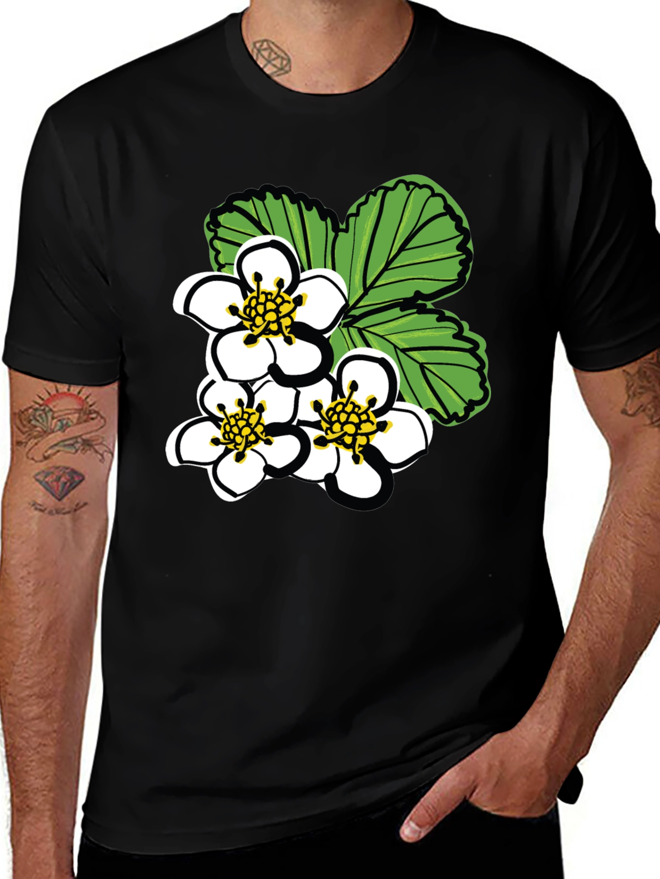 Variant 3 of Floral Graphic Tee - White Blossoms on Black