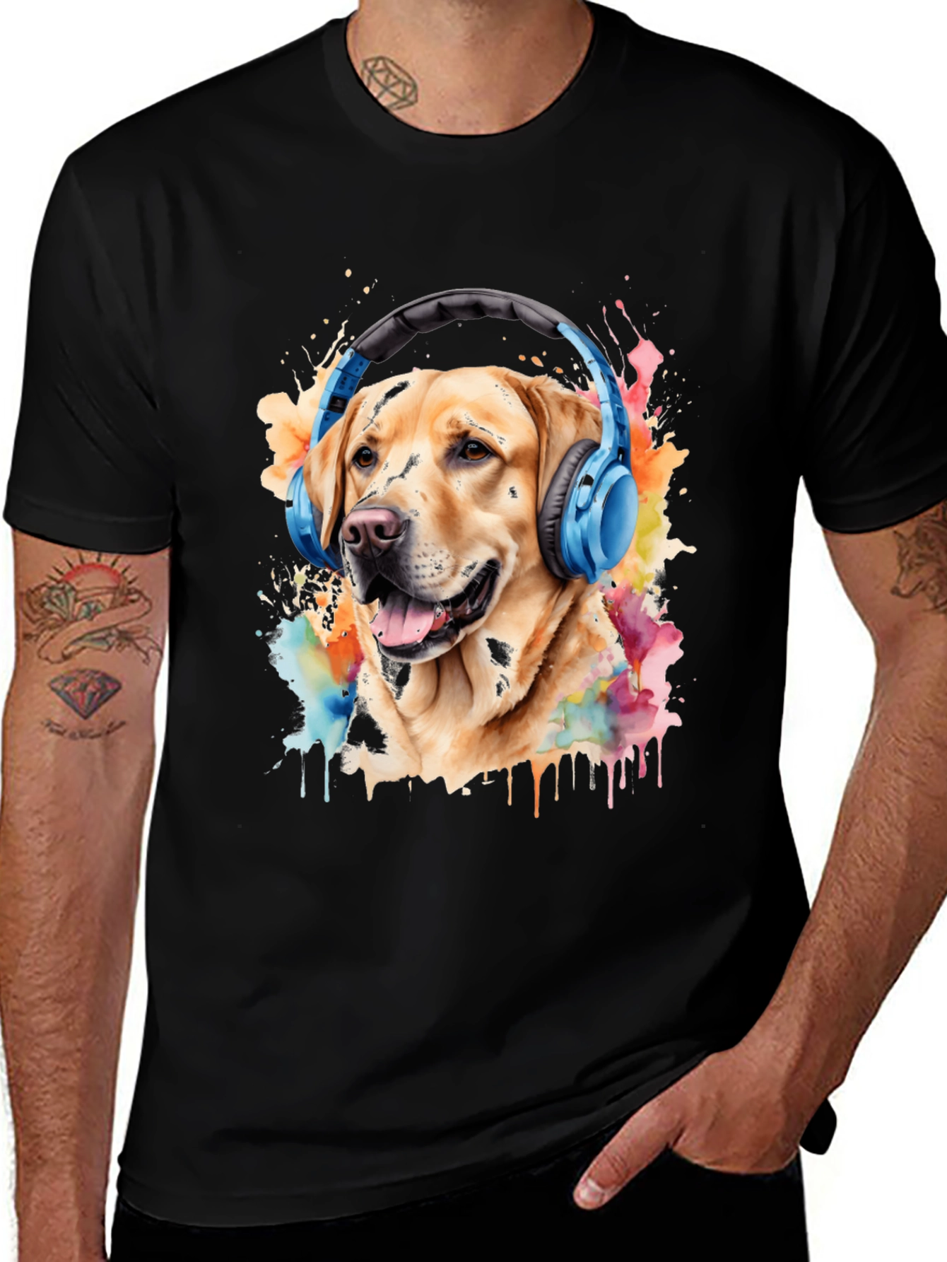 Black Dog with Headphones Graphic Tee - Men's Black T-Shirt main image