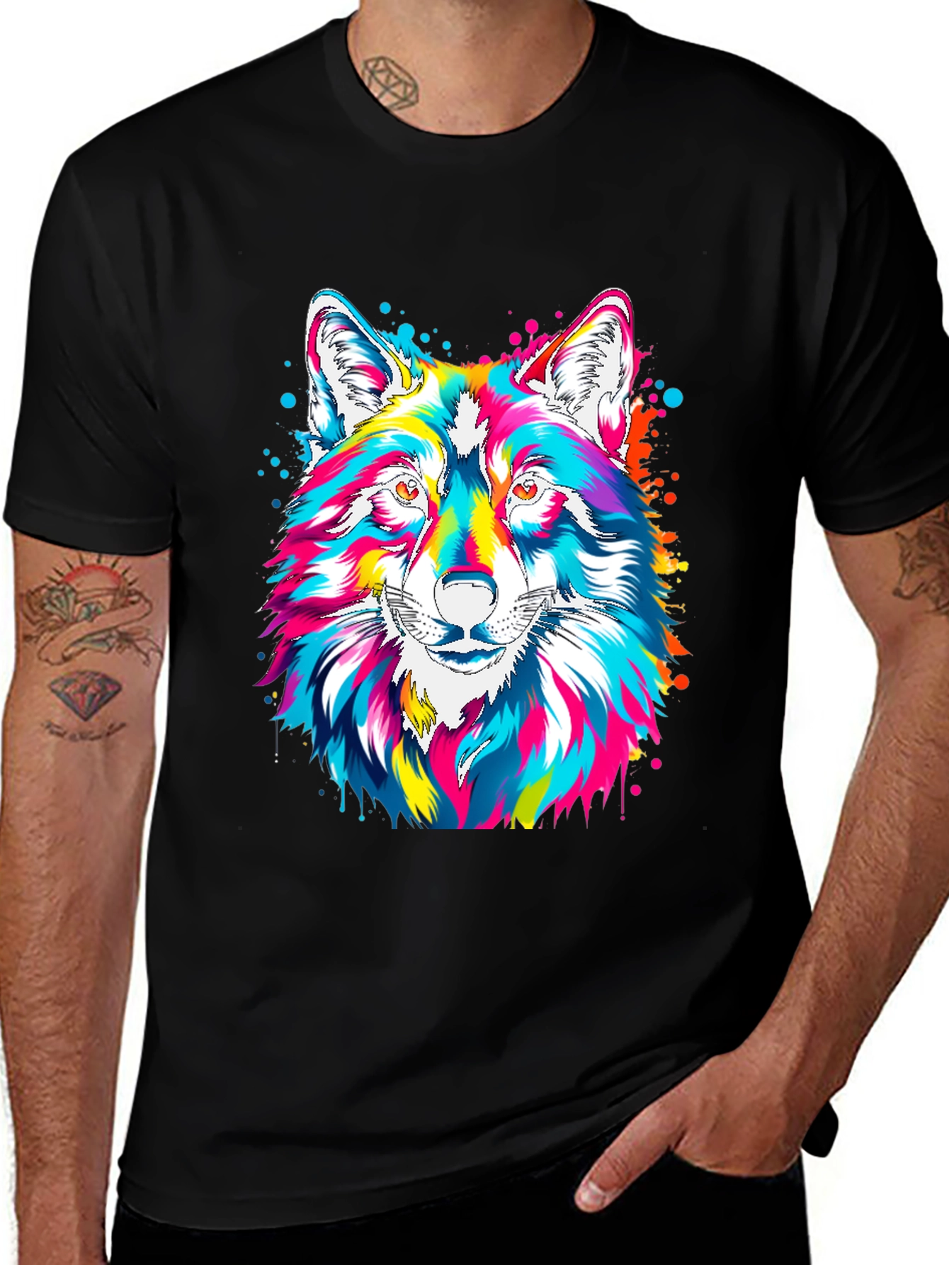 Variant 9 of Colorful Wolf Graphic Black T-Shirt