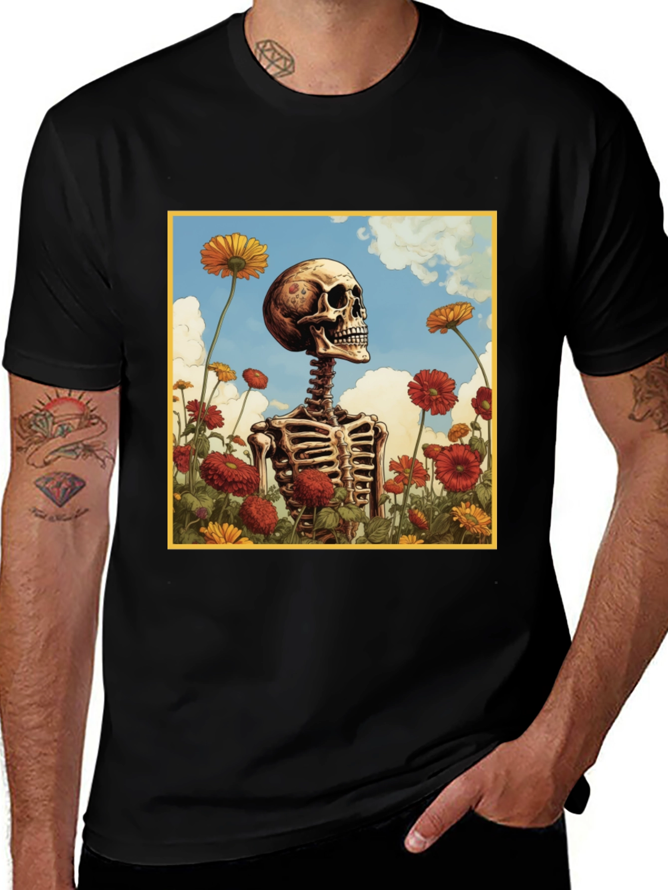 Variant 2 of Skeleton in Flower Field Graphic Tee - Black