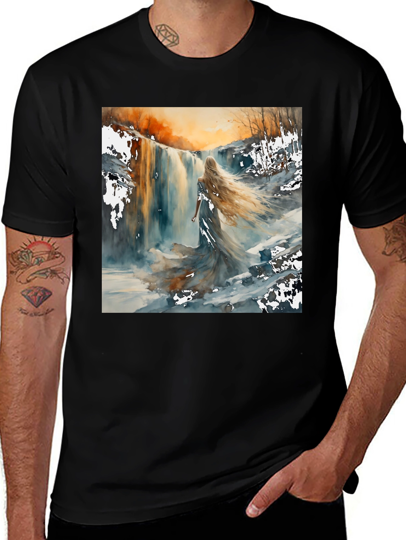 Waterfall Woman Black T-Shirt - Artistic Design