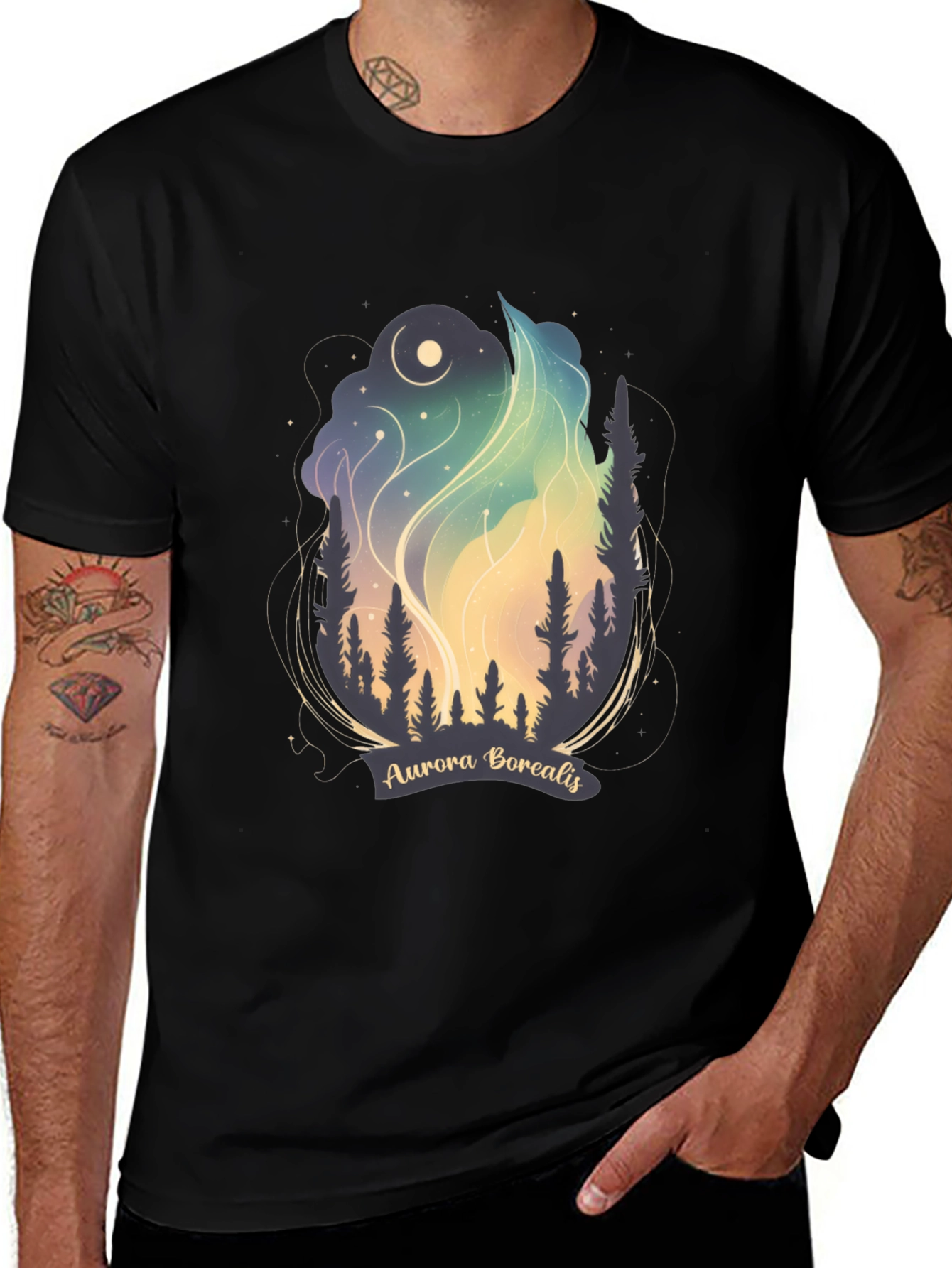 Black Aurora Borealis Graphic Tee - Night Sky T-Shirt main image