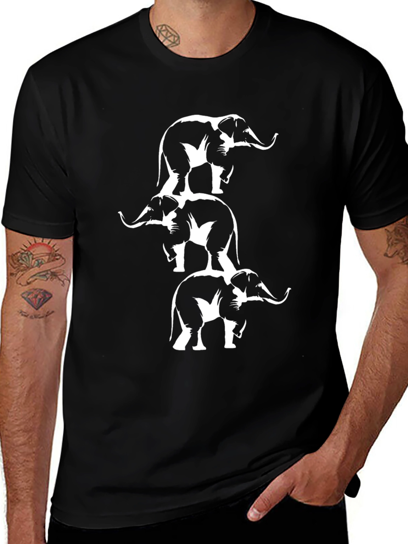 Variant 22 of Stacked Elephant Graphic Tee - Black Cotton T-Shirt