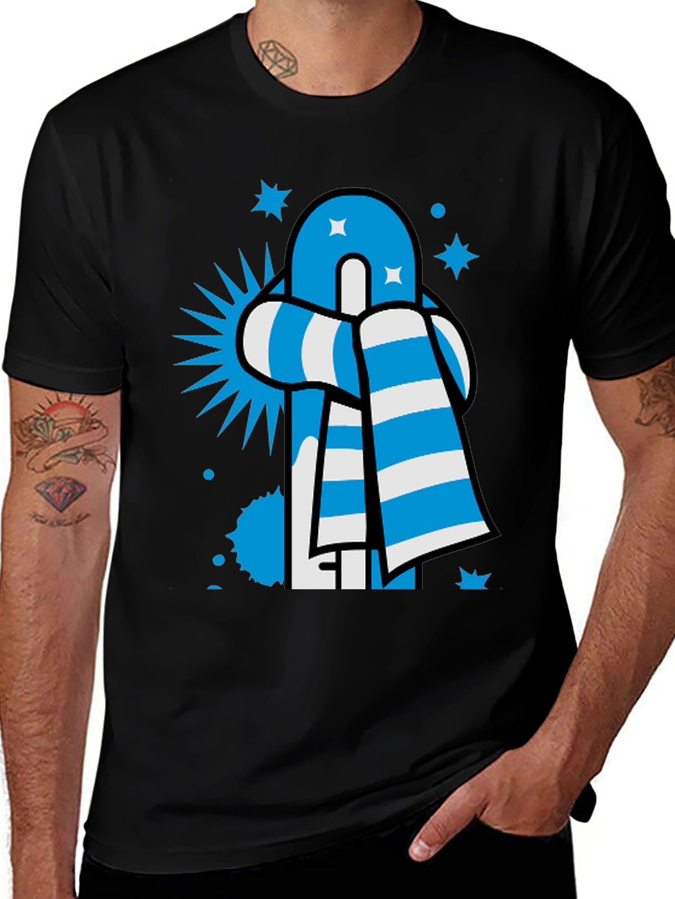 Variant 23 of Cool Character Graphic Tee - Blue & White Design