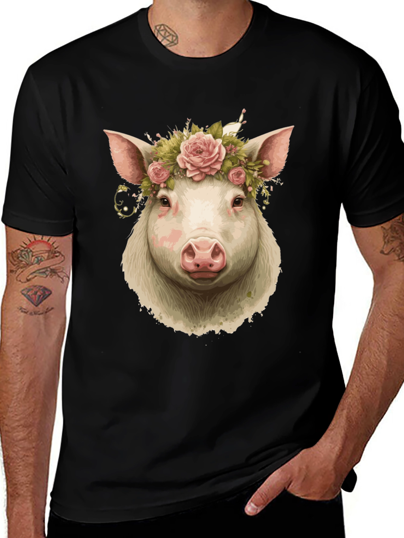 Variant 29 of Pig with Flower Crown Graphic Tee - Unisex Black T-Shirt