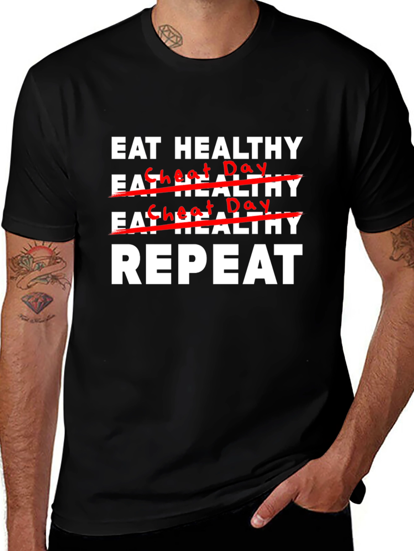 Variant 12 of Eat Healthy Cheat Day Repeat Graphic T-Shirt