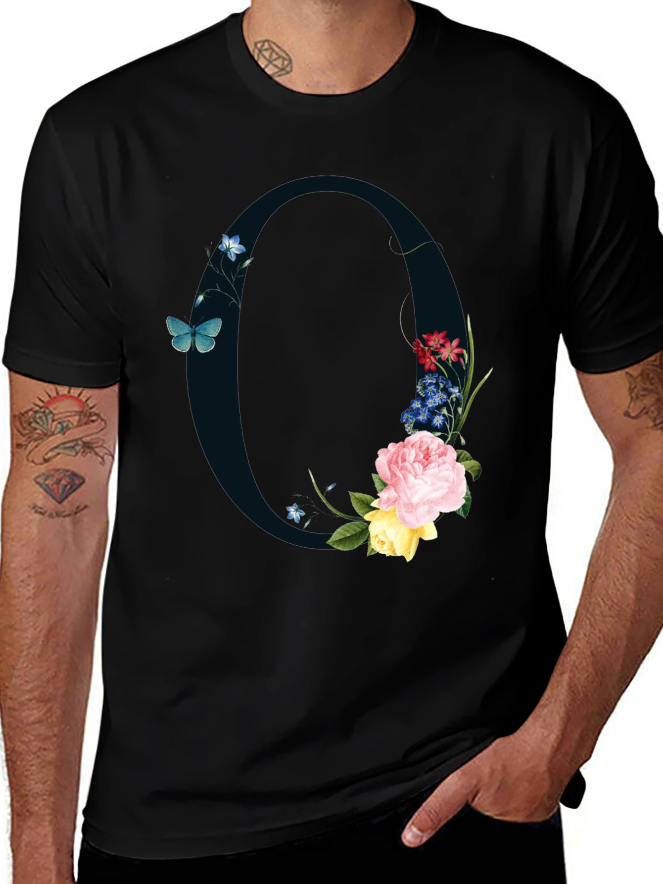 Variant 25 of Floral Letter O Black T-Shirt